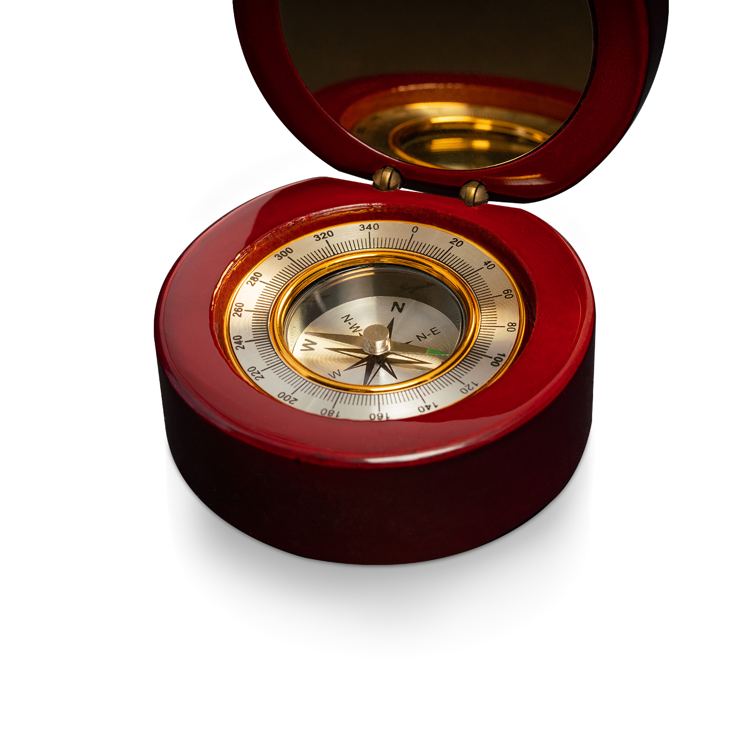 COMPASS IN ROSEWOOD PIANO FINISH LAQUER ROUND BOX w/ Polished Gold plate 3