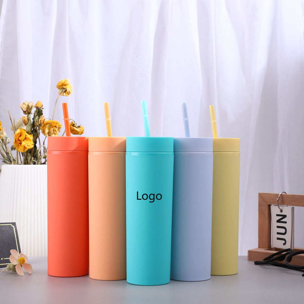 16oz Double-layer Plastic Straight Cup SKINNY Rubber Paint Tumbler / Straw 3