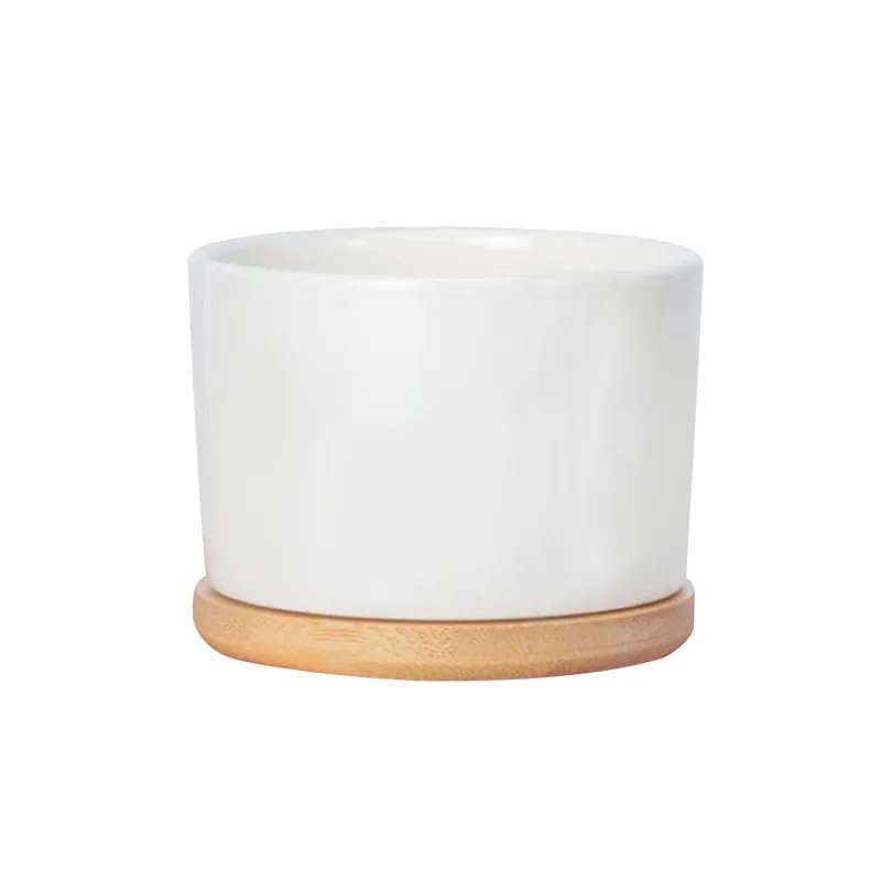 White Mini Ceramic Pot With Bamboo WoodTray 2