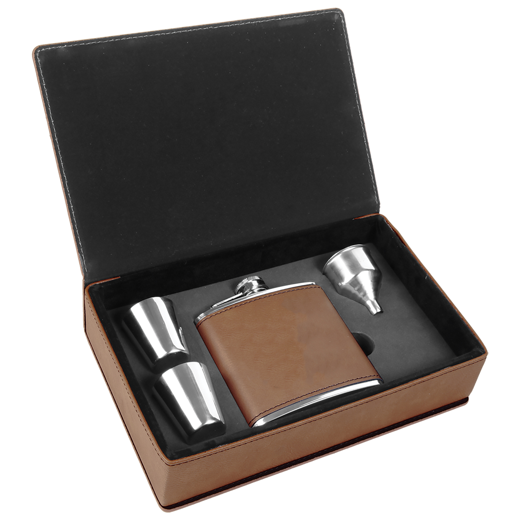 Stainless Steel Dark Brown Leatherette Flask Gift Set 5