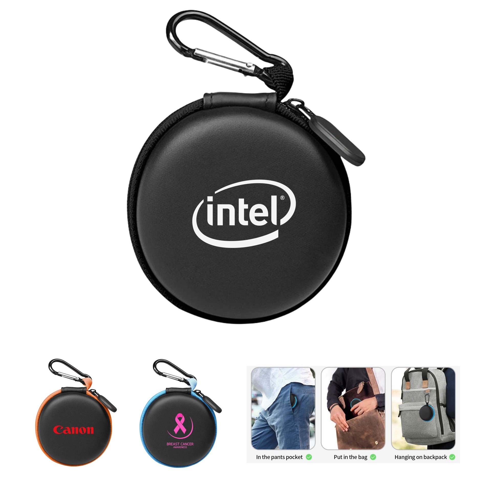 Round Zippered Electronics Travel Case with Carabiner 6