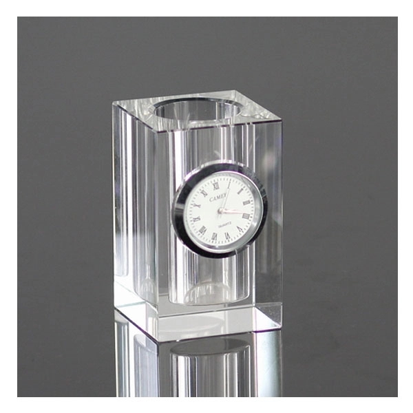 Square Crystal Glass Pen Holder with Clock 3