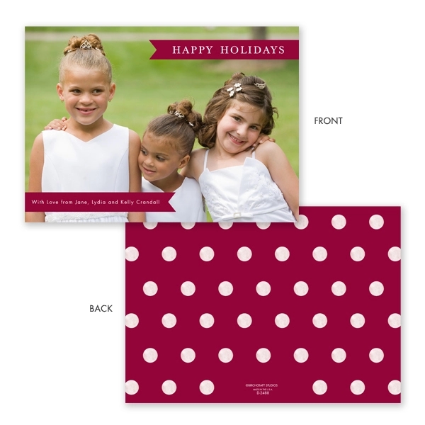 Burgundy Banners & Dots Holiday Photo Card 1