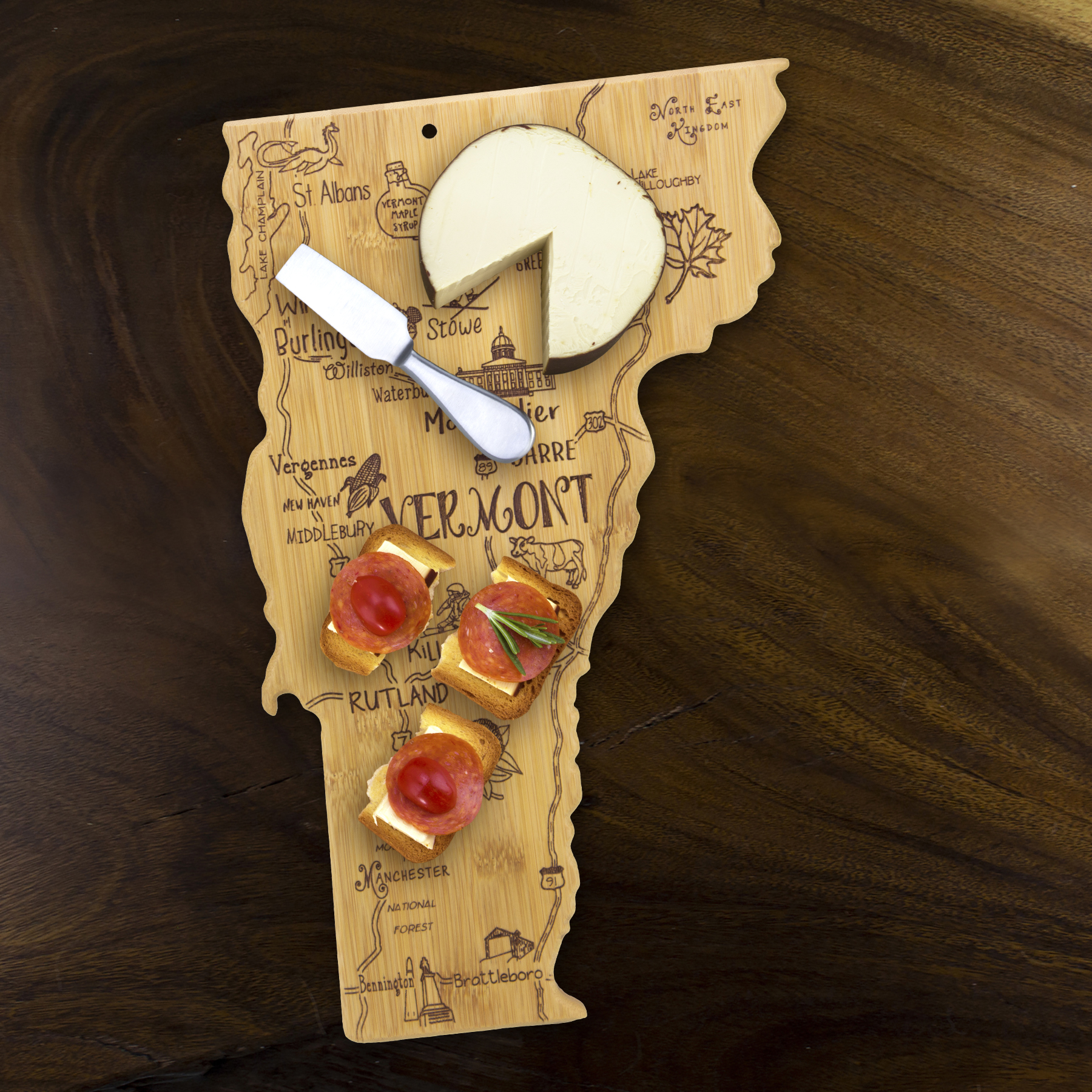 Destination Vermont State Shaped Bamboo Serving and Cutting Board 8