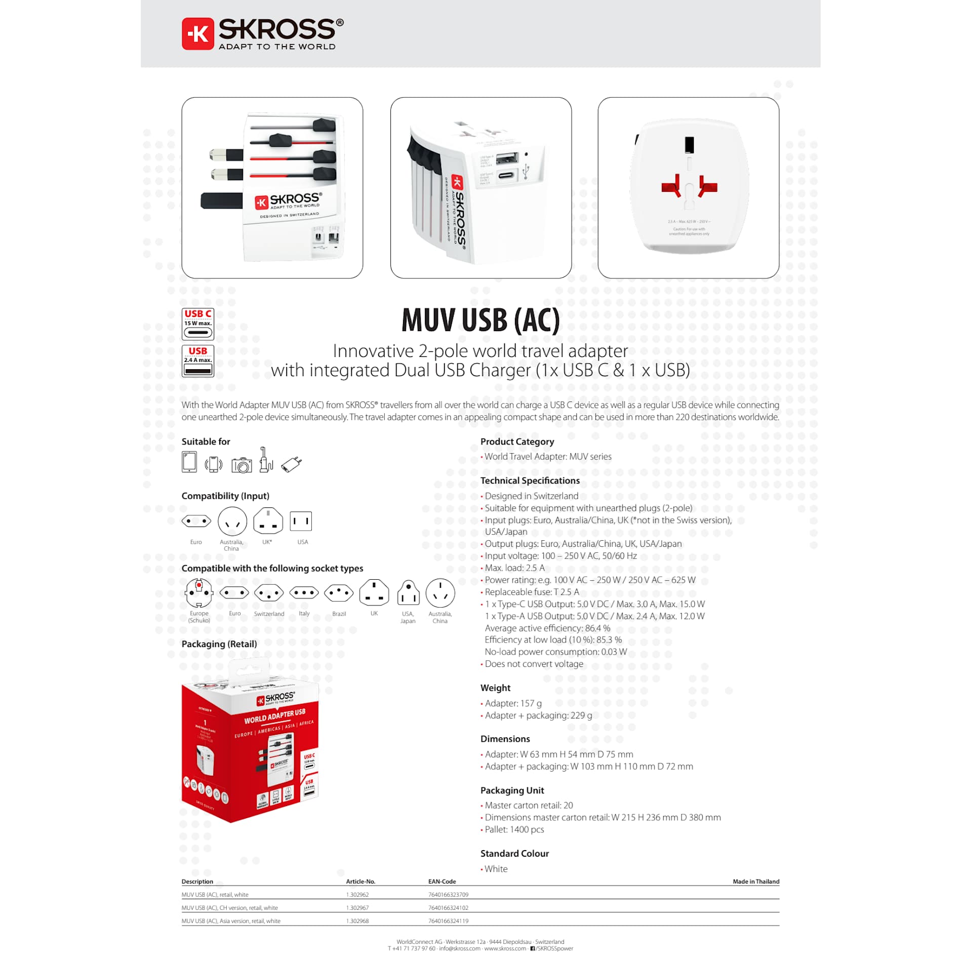 SKROSS World Travel Adapter MUV USB Type A & Type 35