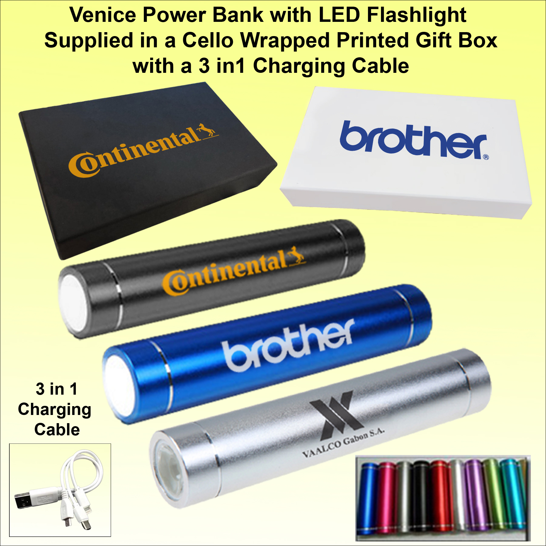 Venice Power Bank with LED Flashlight, 2200 mAh, in a Printed Gift Box with a 3 in 1 Charging Cable 1
