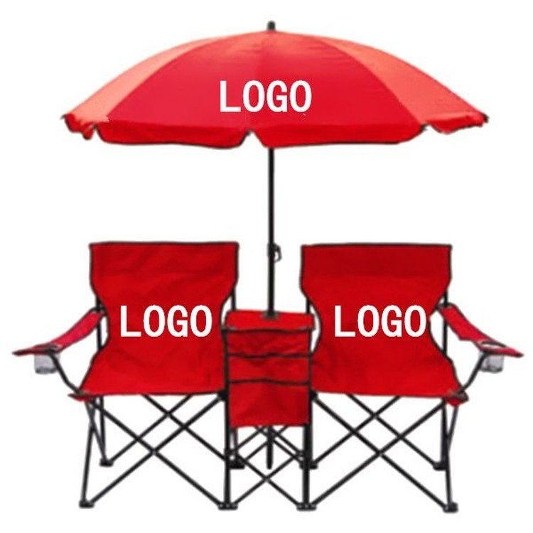 Double Folding Beach Chair with Umbrella and Cup Holder 2