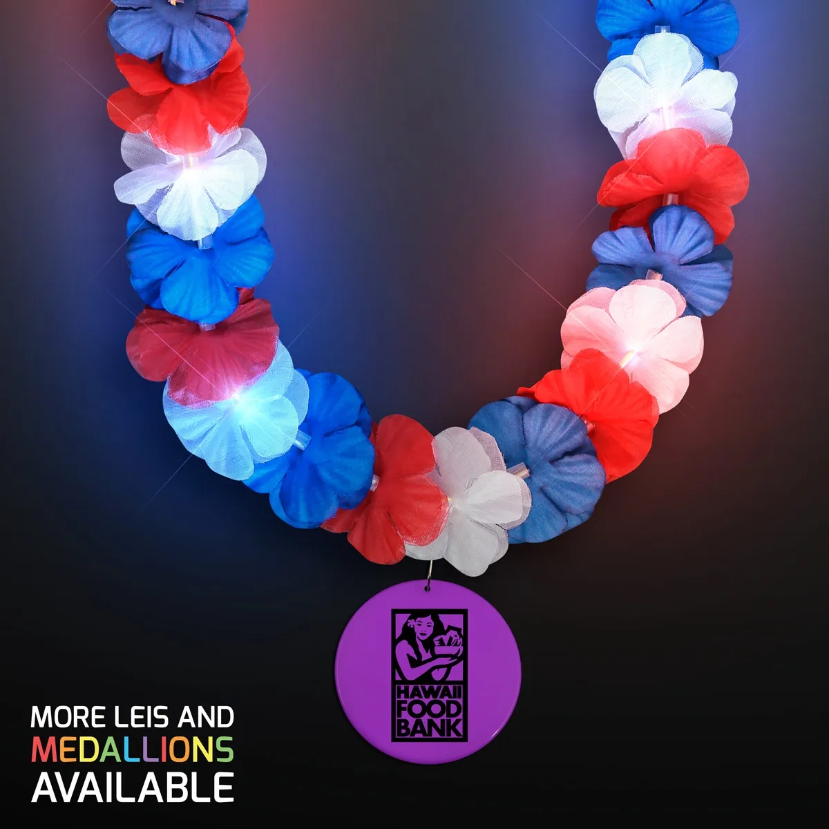 Red, White & Blue LED Hawaiian Lei with Medallion 6