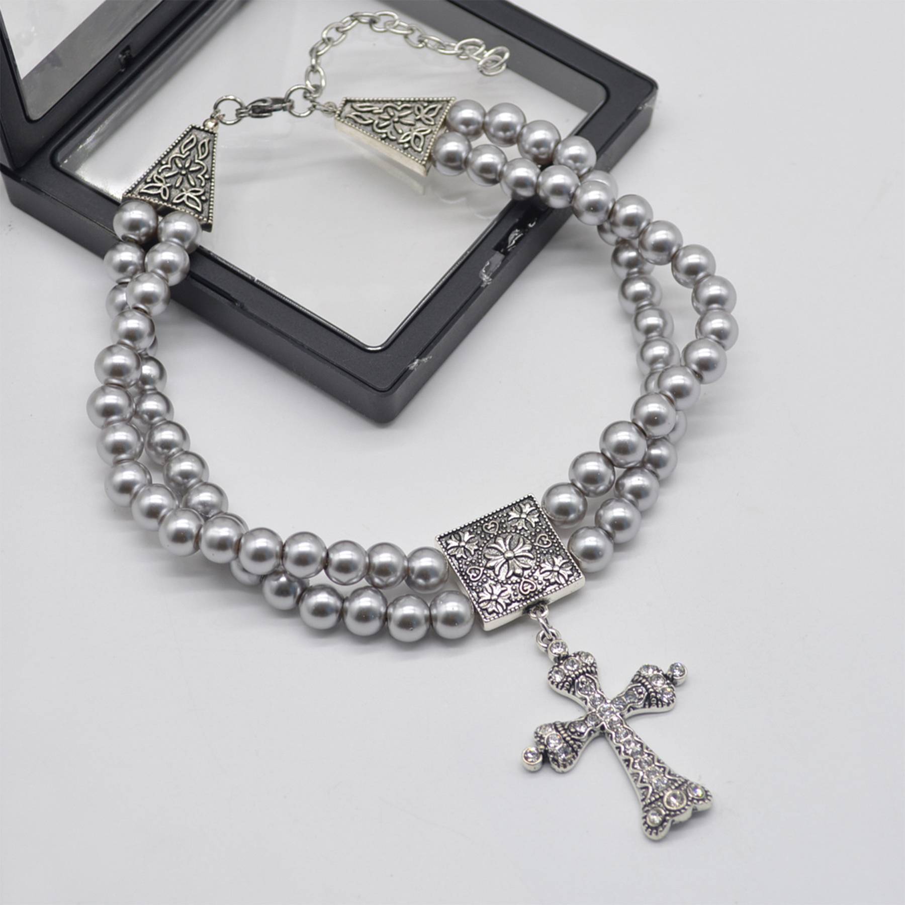 Alloy Double grey pearl rhinestone cross necklace 4