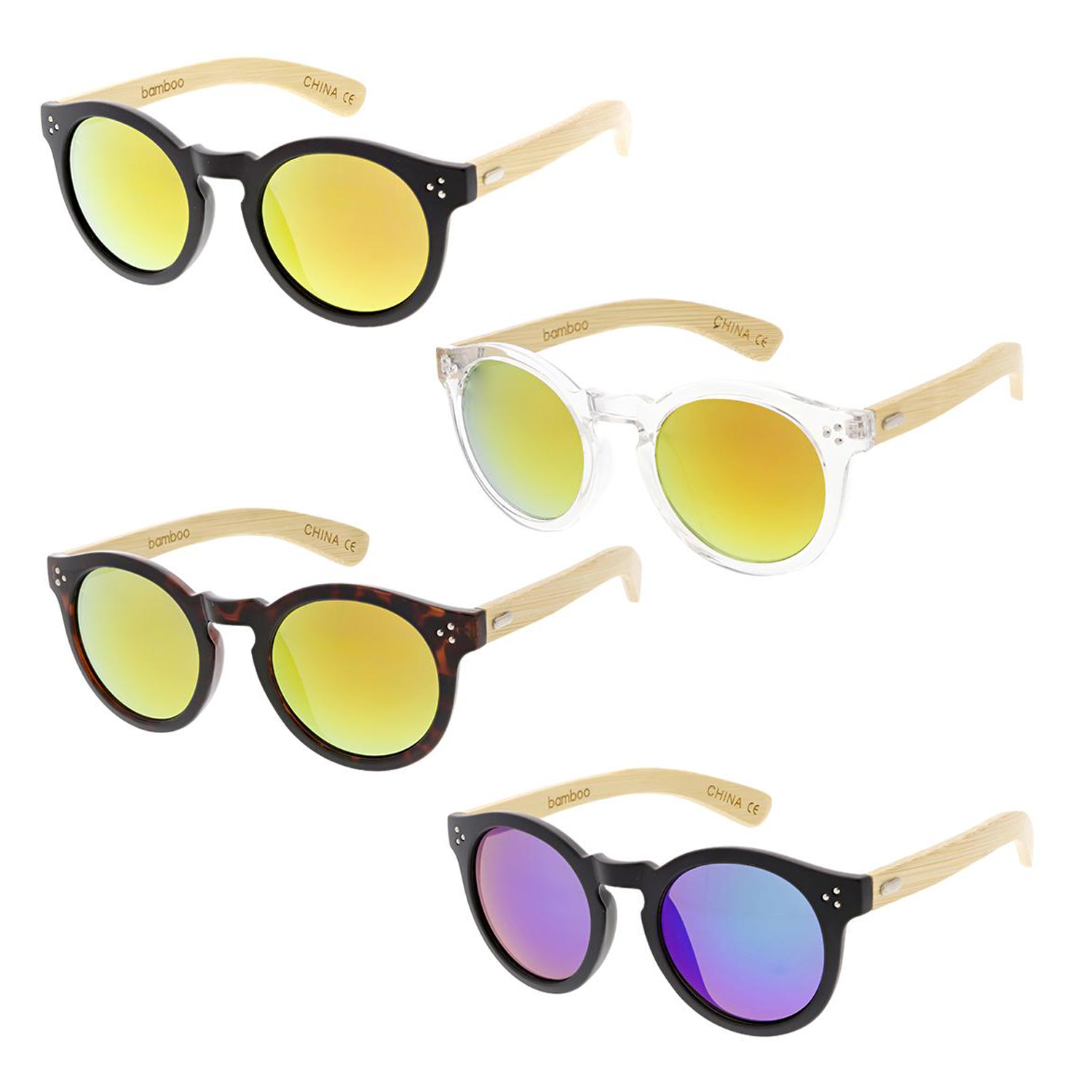 Hipster Unisex Large Round Bamboo Sunglasses w/Color Mirror Lens 1