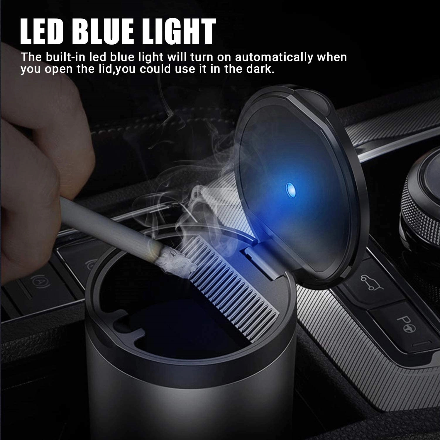 Portable Car Ashtray With Led Blue Light Lid 3