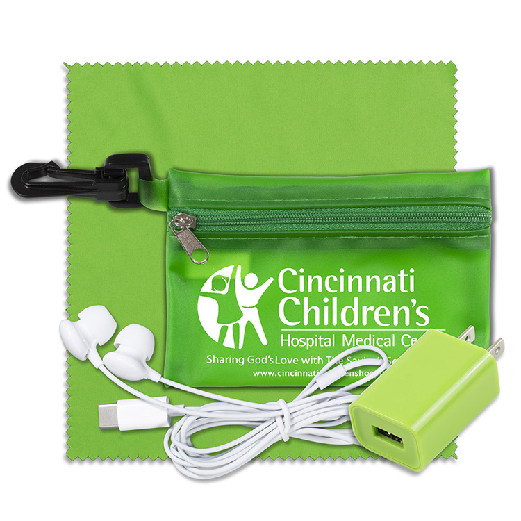 “TechClear” Mobile Tech Accessory Kit in Translucent Carabiner Zipper Pouch Components inserted into 8