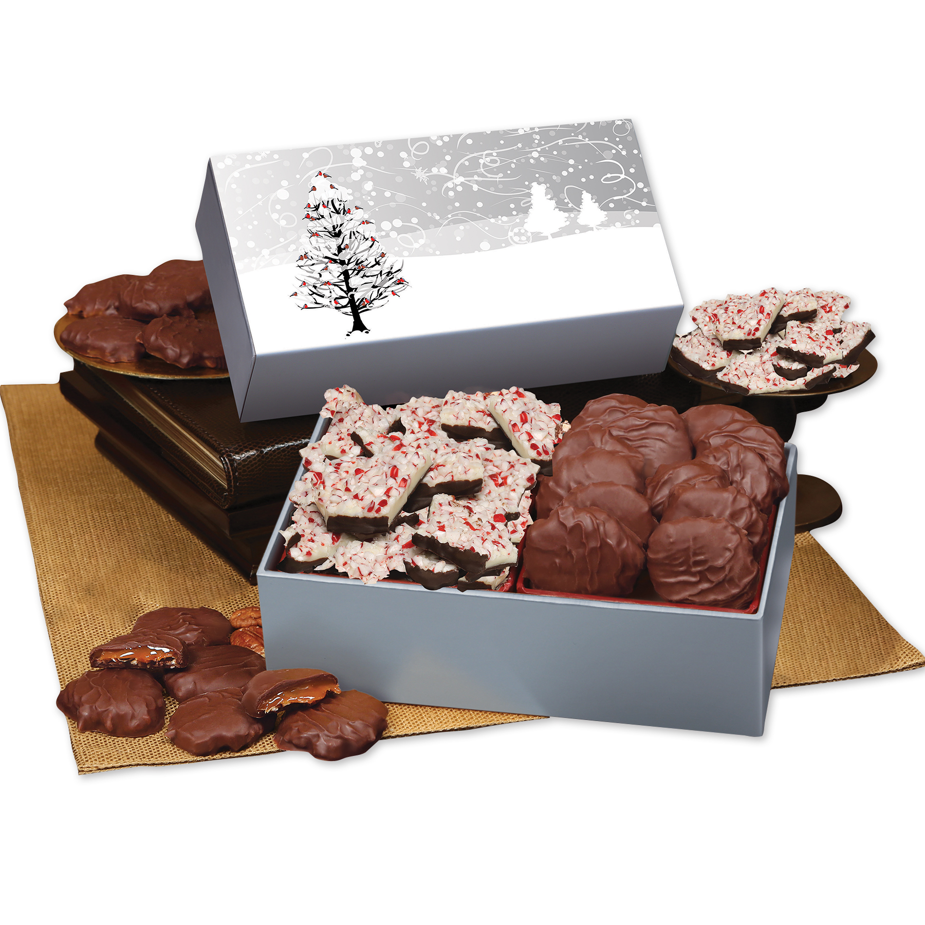 Peppermint Bark & Pecan Clusters in Gift Box with Cardinals in Tree Sleeve 2
