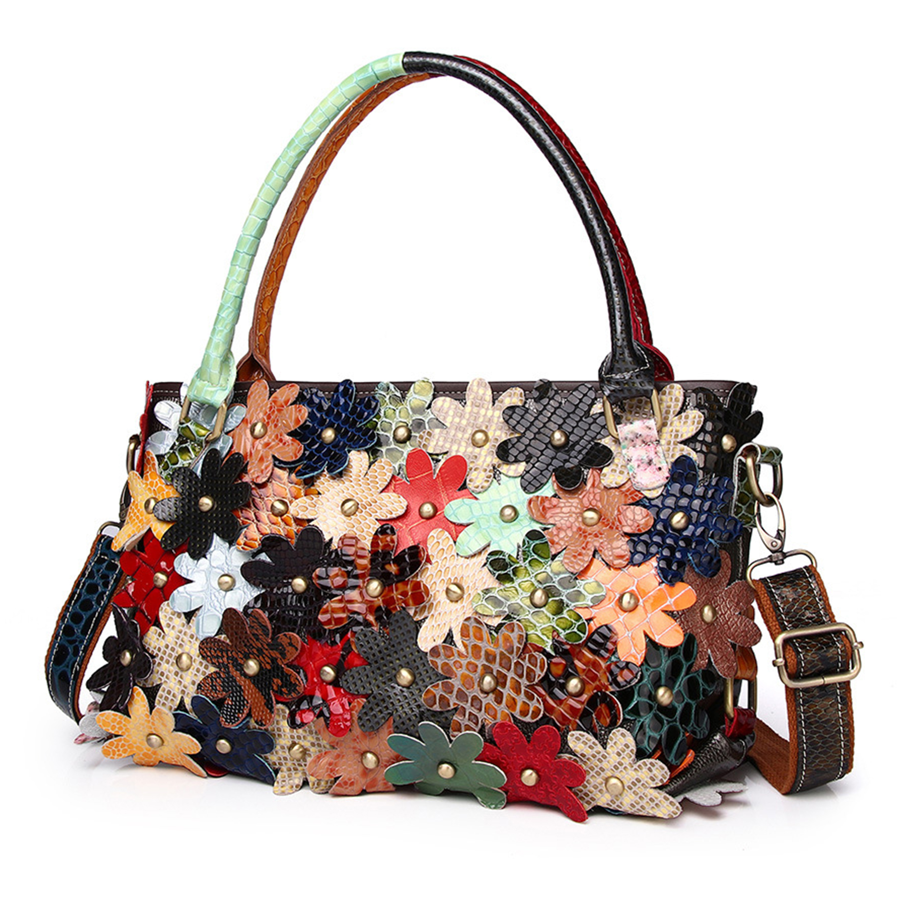 Genuine Leather Serpentine floral coloured stud shoulder bag 5