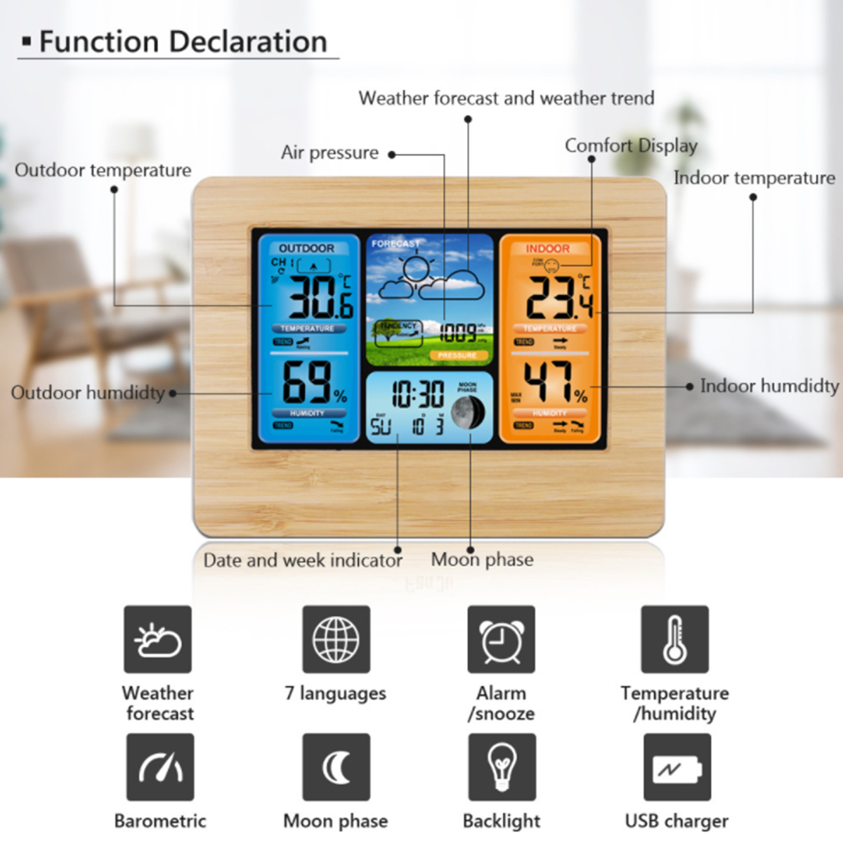 Wireless Colorful Display Weather Station with Outdoor Sense 8
