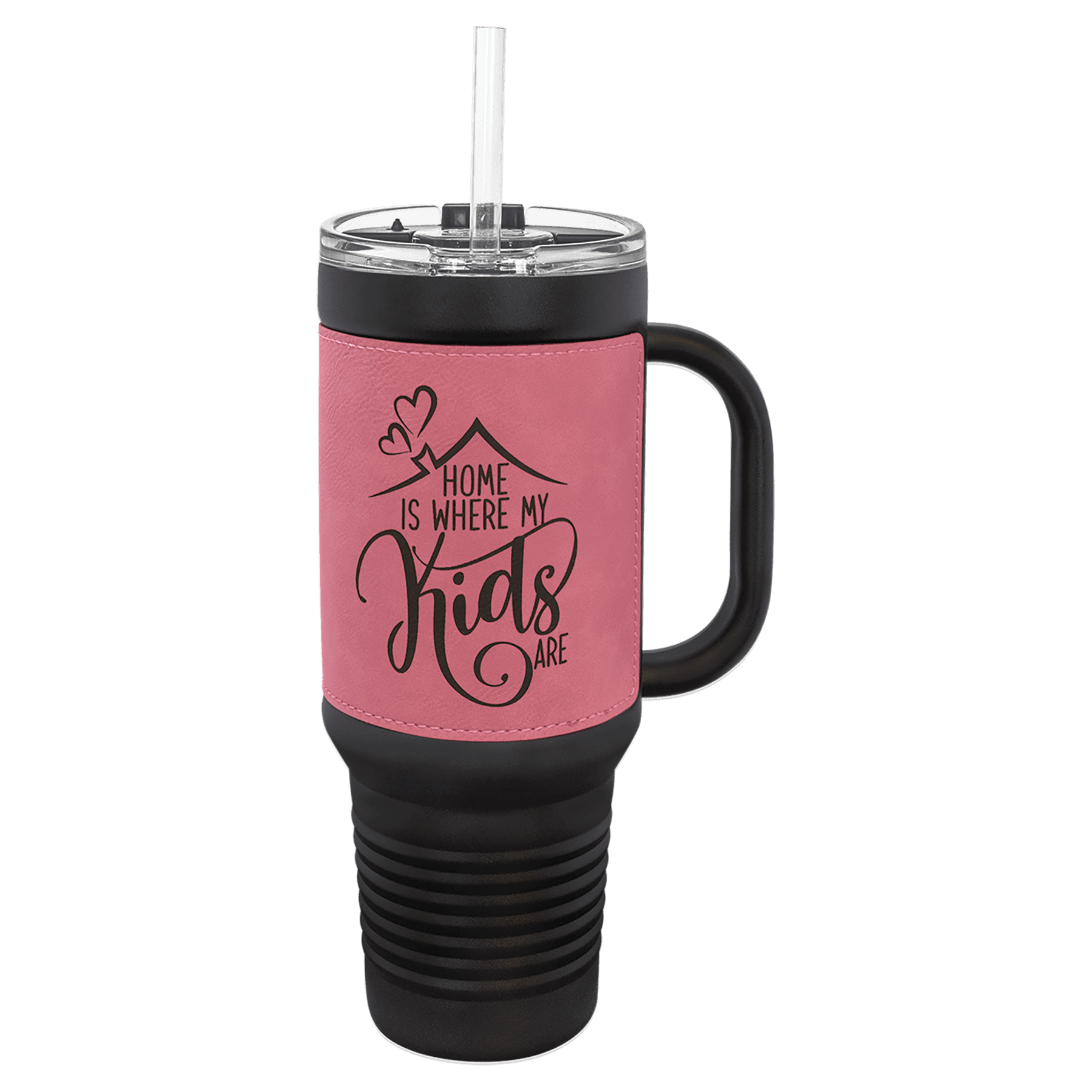 Polar Camel 40 oz. Black with Pink Laserable Leatherette Travel Mug with a Handle, Straw Included, custom tumbler with logo imprint 2