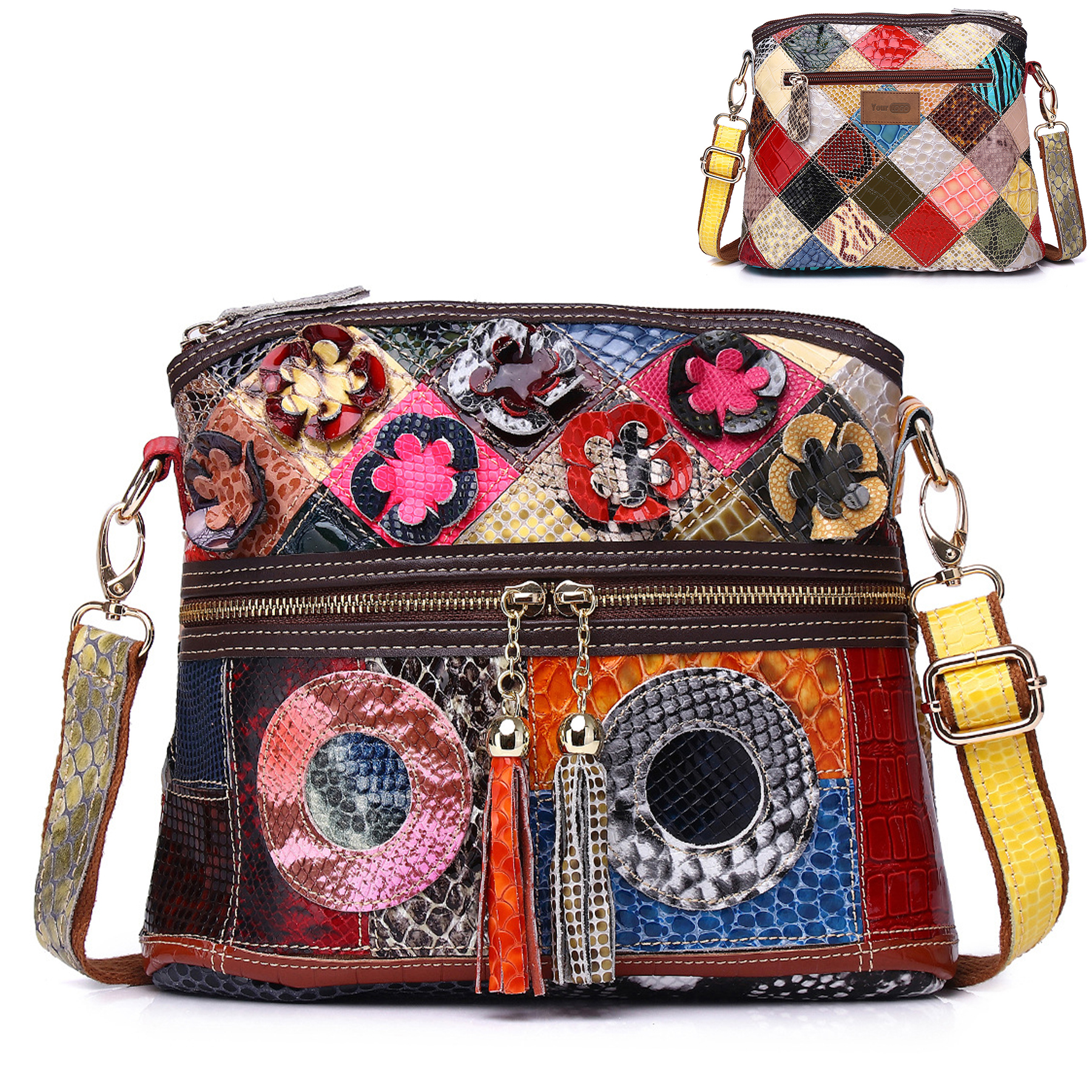 Genuine Leather Contrasting hand-fringed floral paneling bag 6