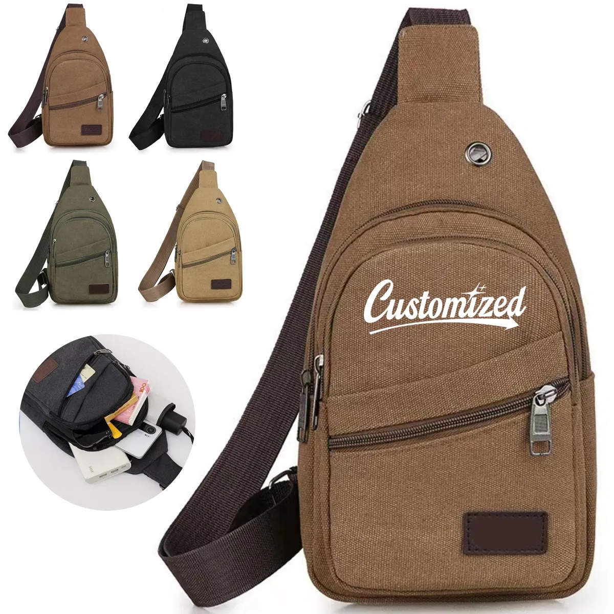 Casual Canvas Crossbody Sling Bag with Earphone Port