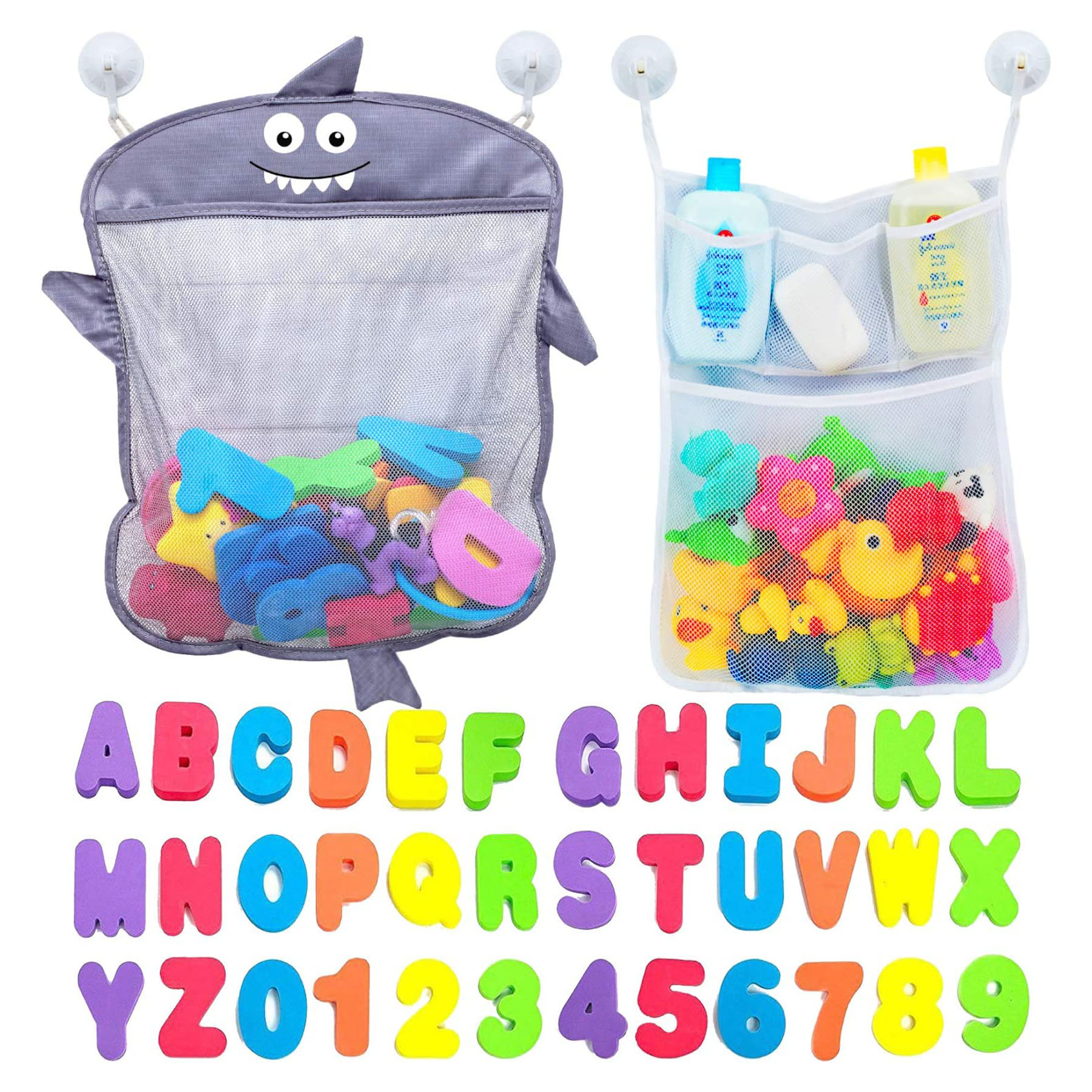 Baby Bath Toy Organizer Shark 36 Bath Letters & Numbers Extra Bath Toy Storage Net 10 Strong Hooks