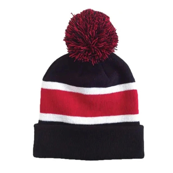 Three Tone Knit Beanie with Pom Ball 9