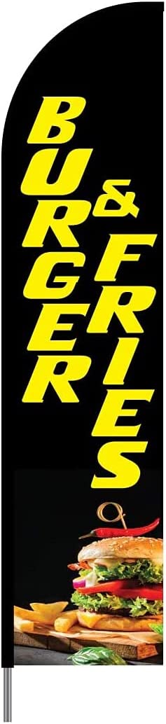 Burger & Fries Flag Swooper Feather Banner Pole Kit Outdoor Restaurant and Store Sign Display, 15ft 4