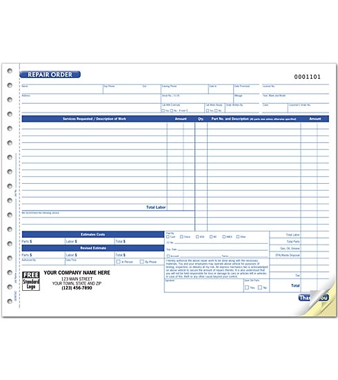 Repair Orders With Key Tag, Carbonless 1