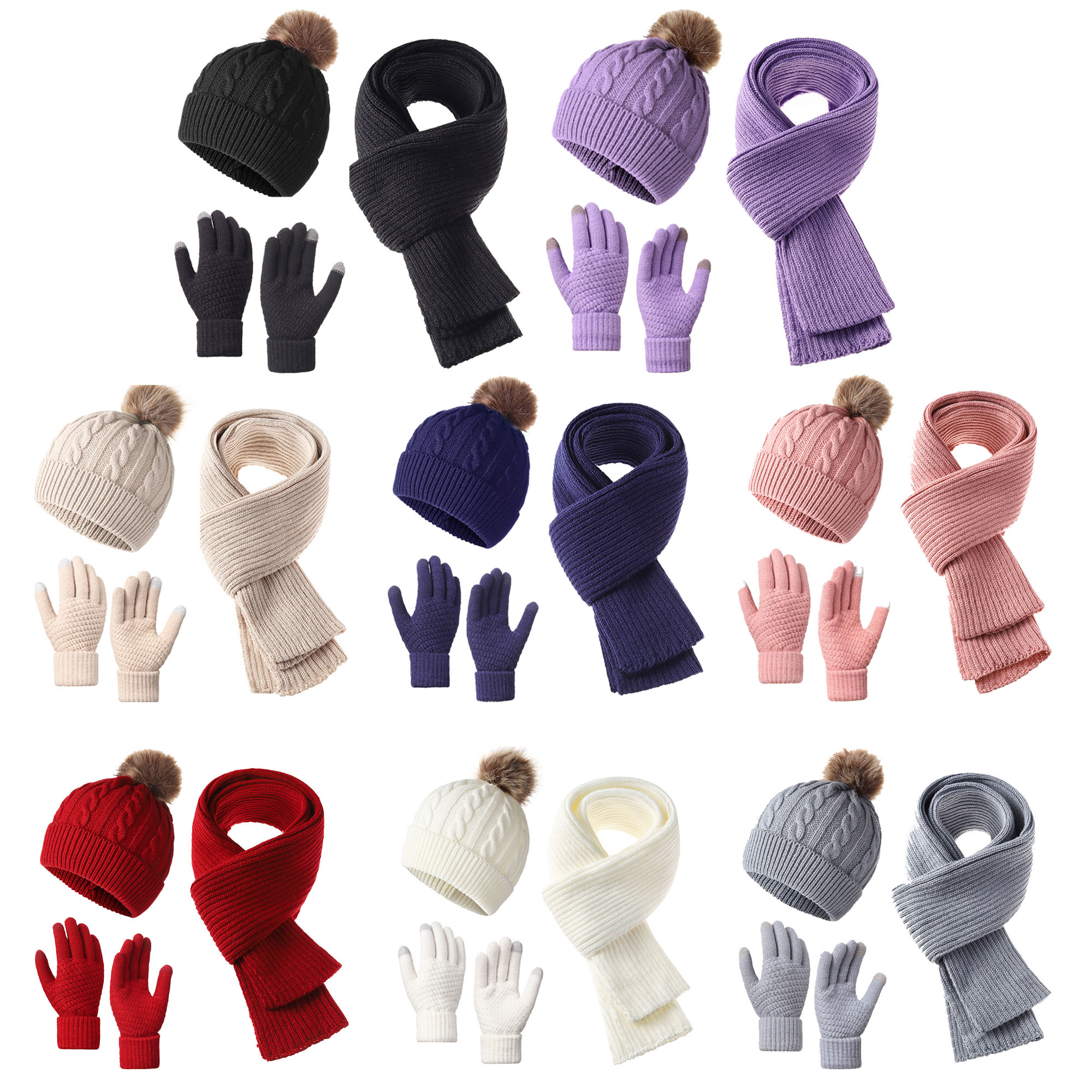Acrylic Winter Knitted Beanie Hat Scarf Glove Set 2