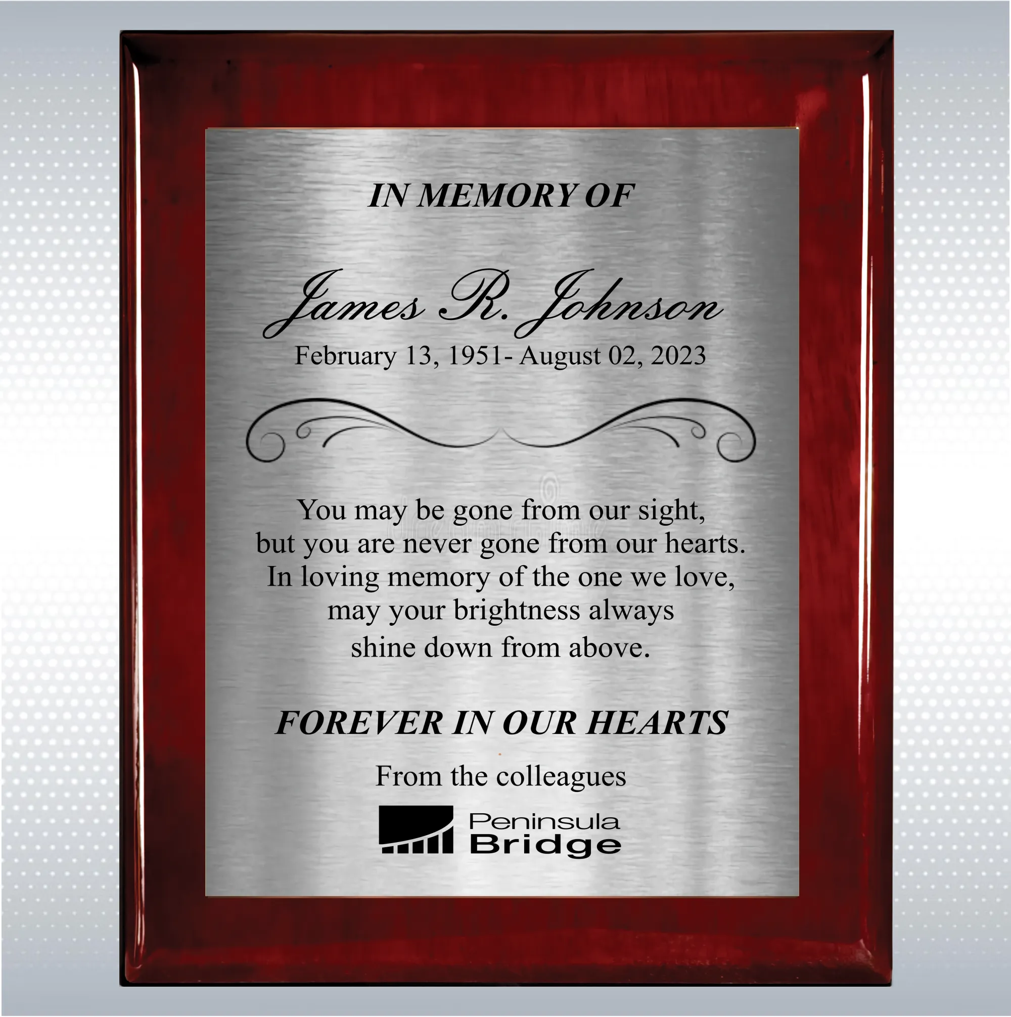 Rosewood Piano Finish Wood Personalized Memorial Plaque Gift 16