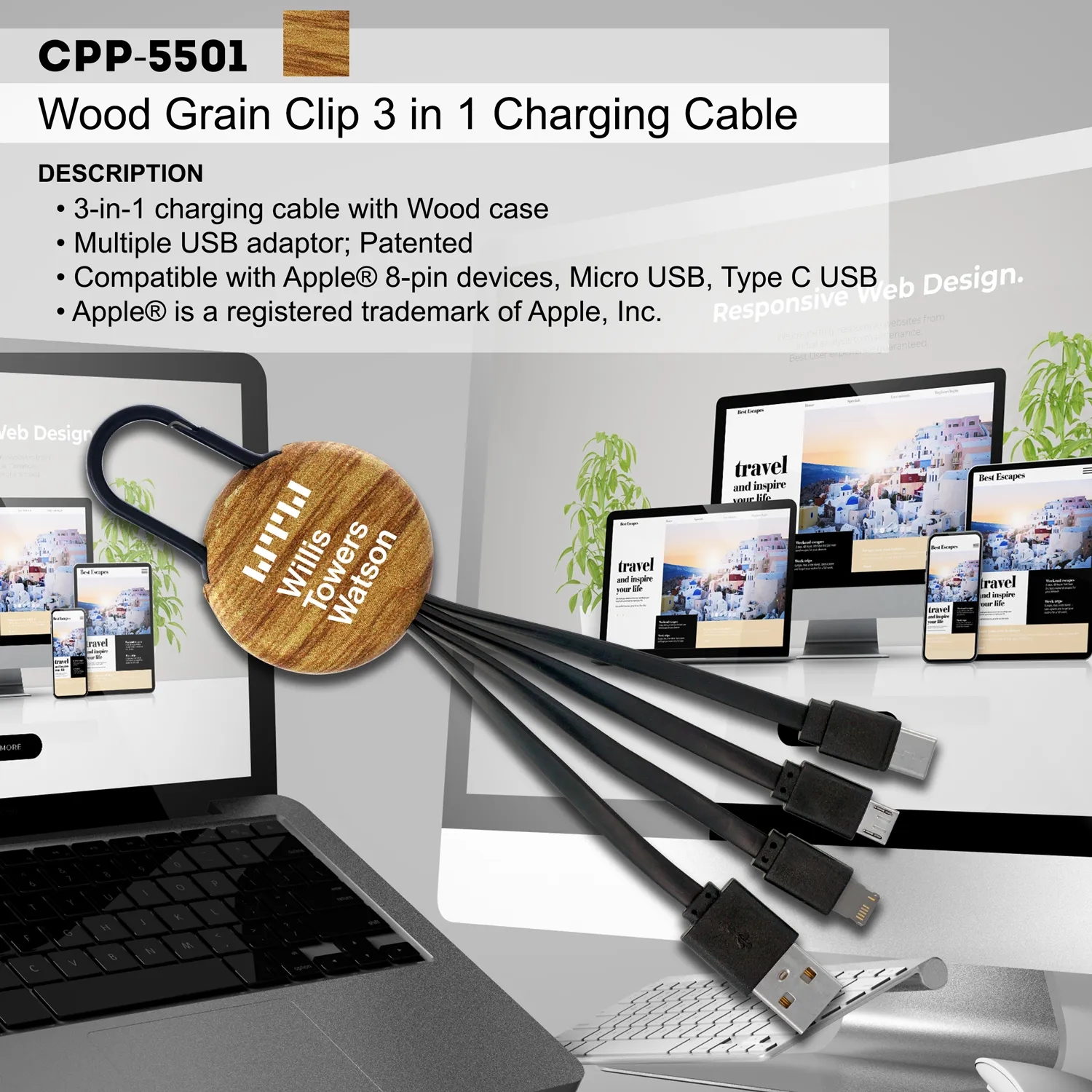 WOOD GRAIN CLIP 3 IN 1 CHARGING CABLE 2