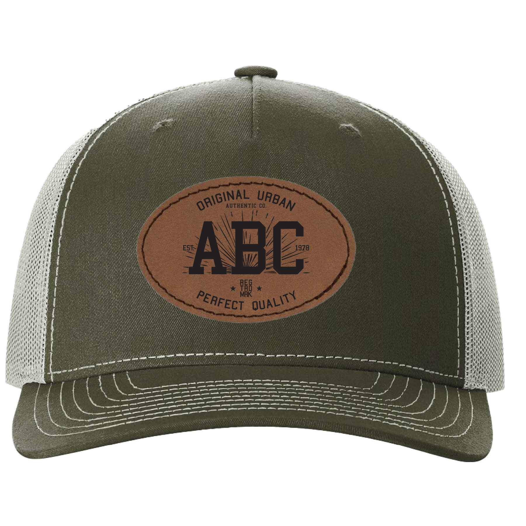 Richardson 112FP 5-Panel Snapback Trucker Hat w/Leatherette Adhesive Patches or Embroidery 9