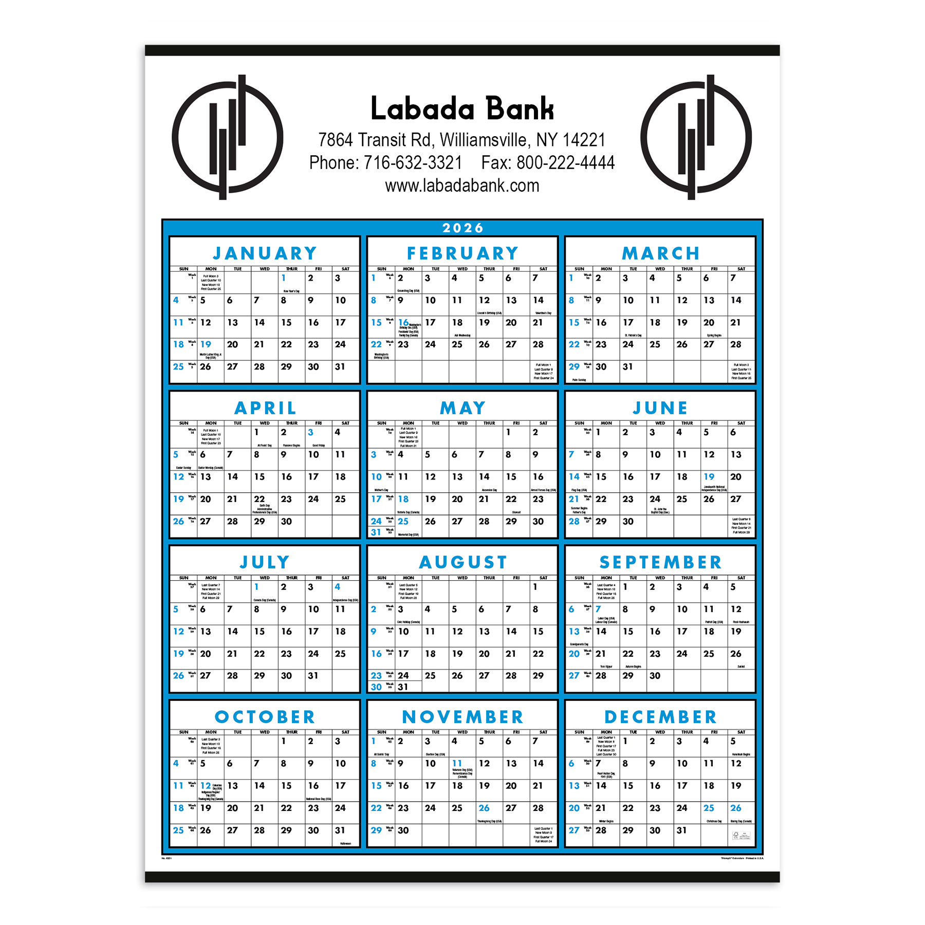 Full Year View Single Sheet Commercial Calendar