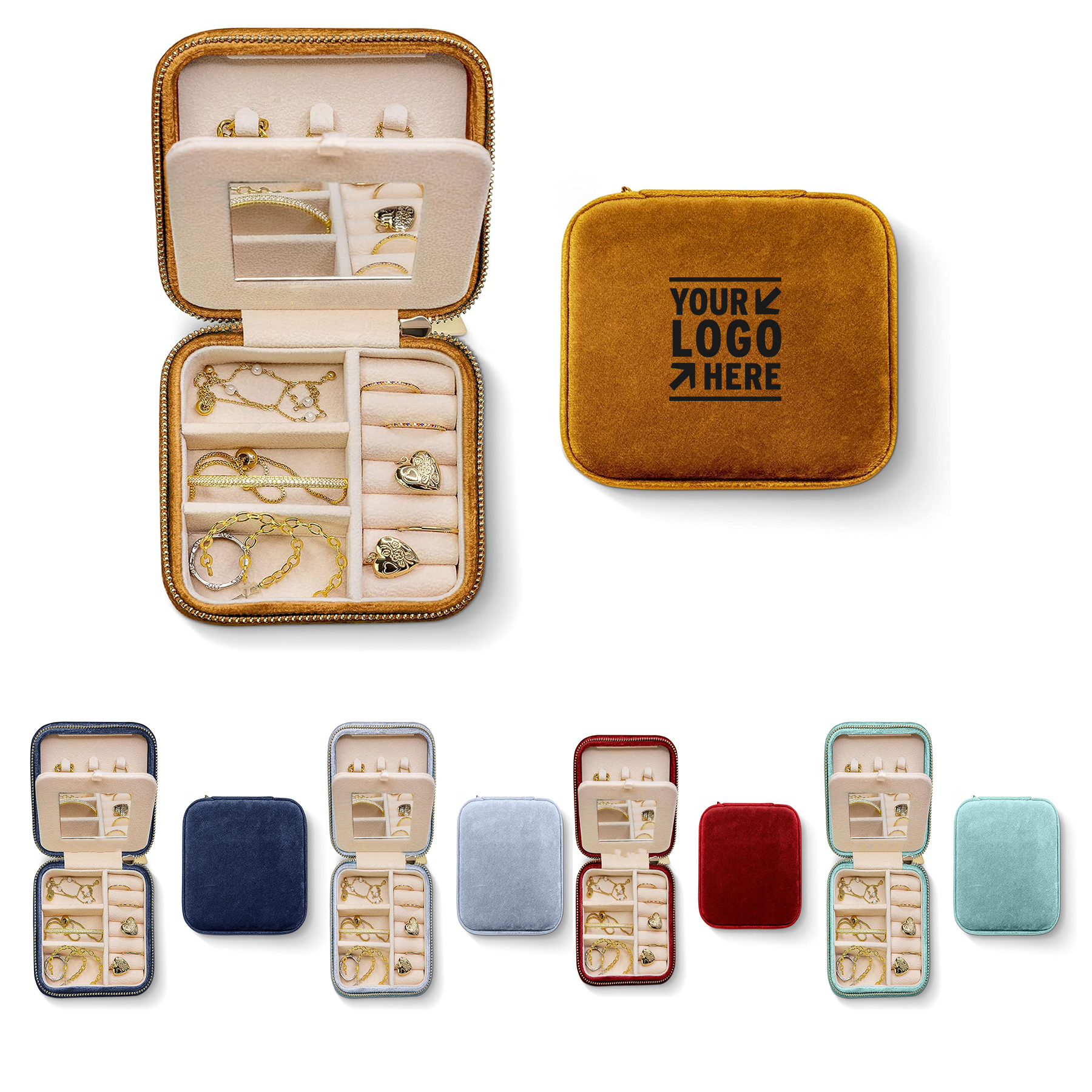 Women Plush Velvet Travel Jewelry Storage Box Small Earring Case with Mirror 2