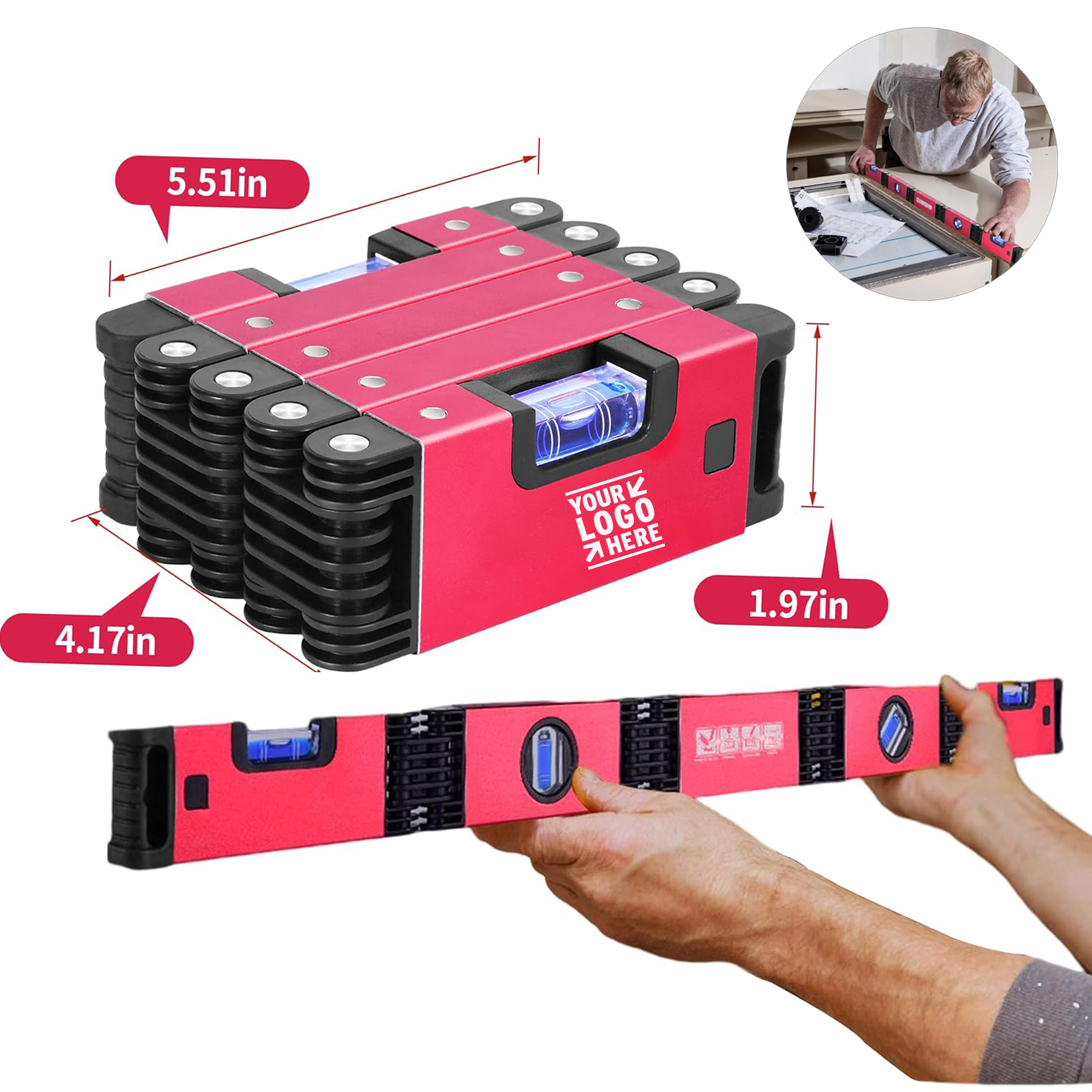 28'' Folding 5 Sections Multifunctional With Easy-Read 45/90/180 Level Bubbles Measurement Tool