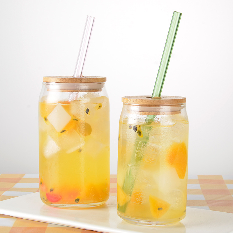Glass Can with Lid and Glass Straw