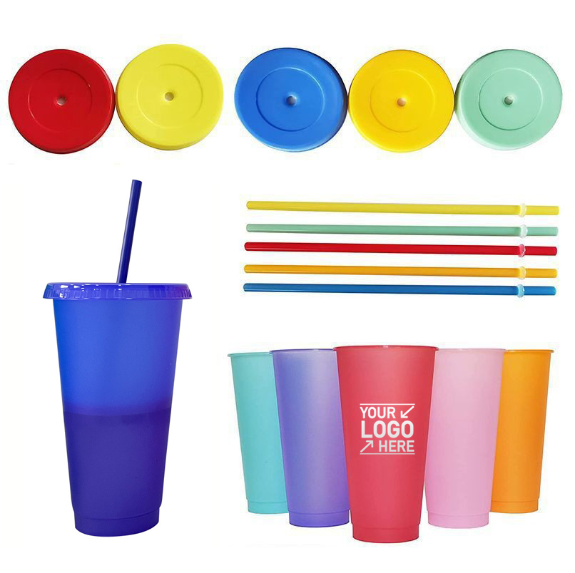 24oz. Plastic Stadium Cup With Lid And Straw (Color change) 3