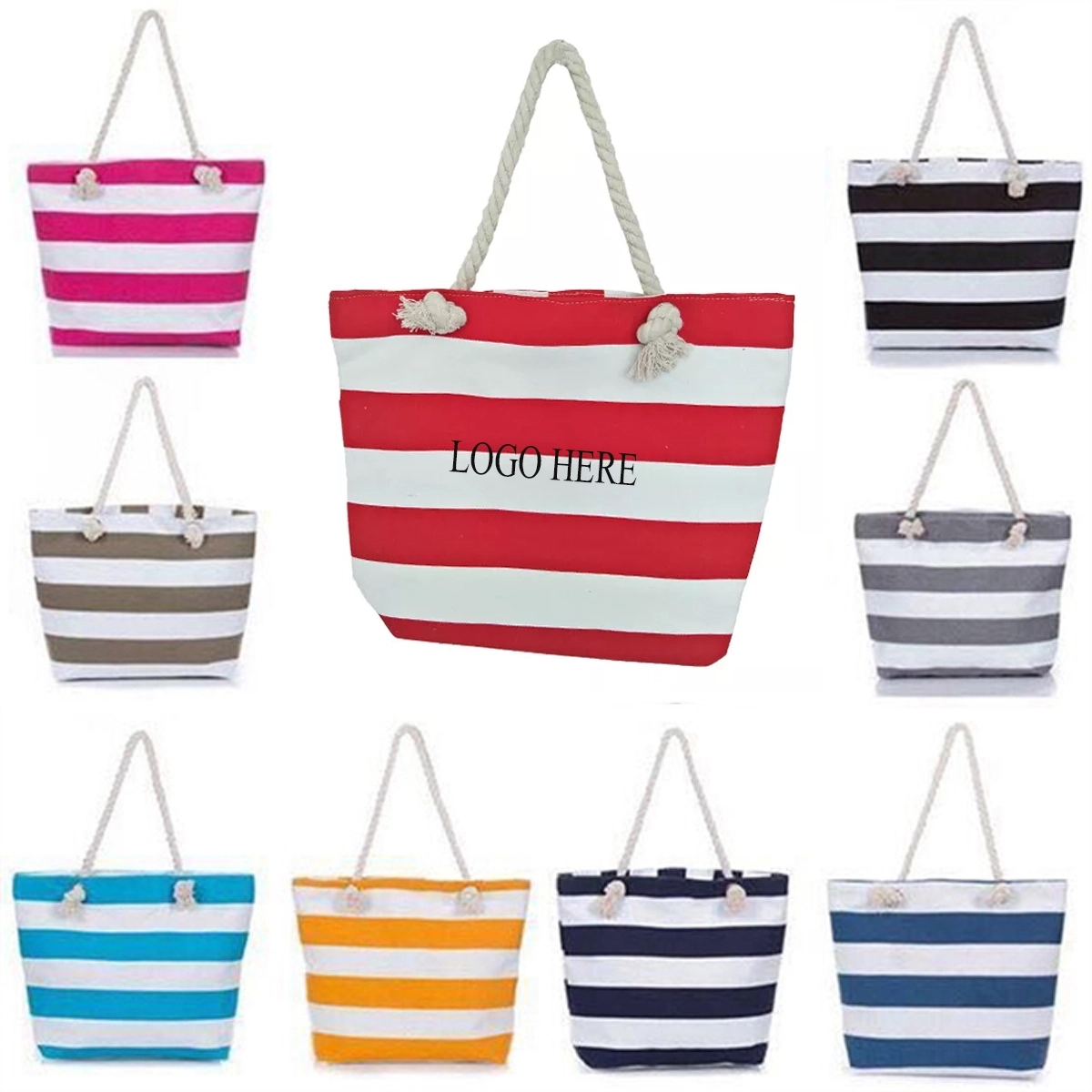 Striped Canvas Beach Tote Bag With Zipper 1
