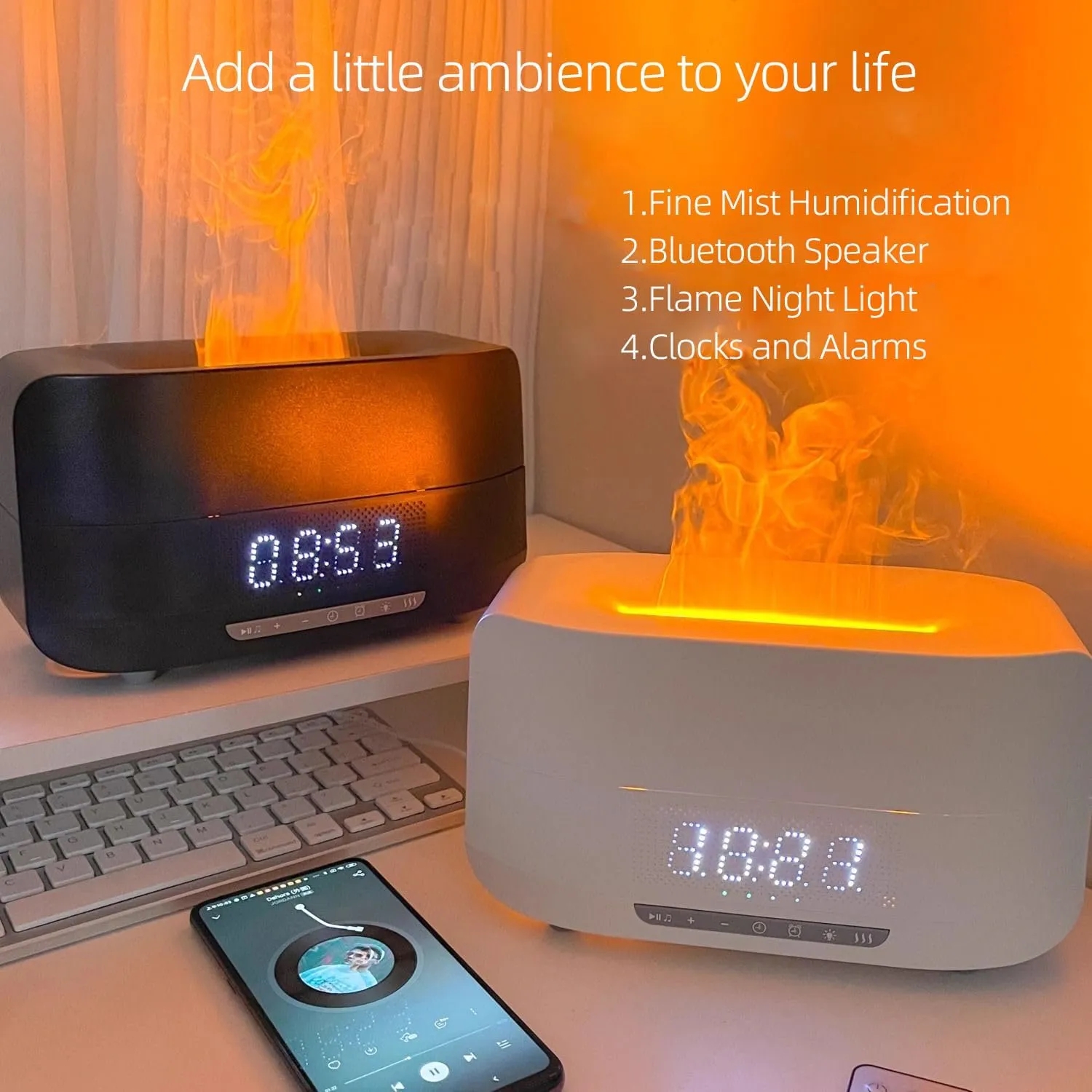 Flame Diffuser with Bluetooth Speaker and Clock Humidifier 4
