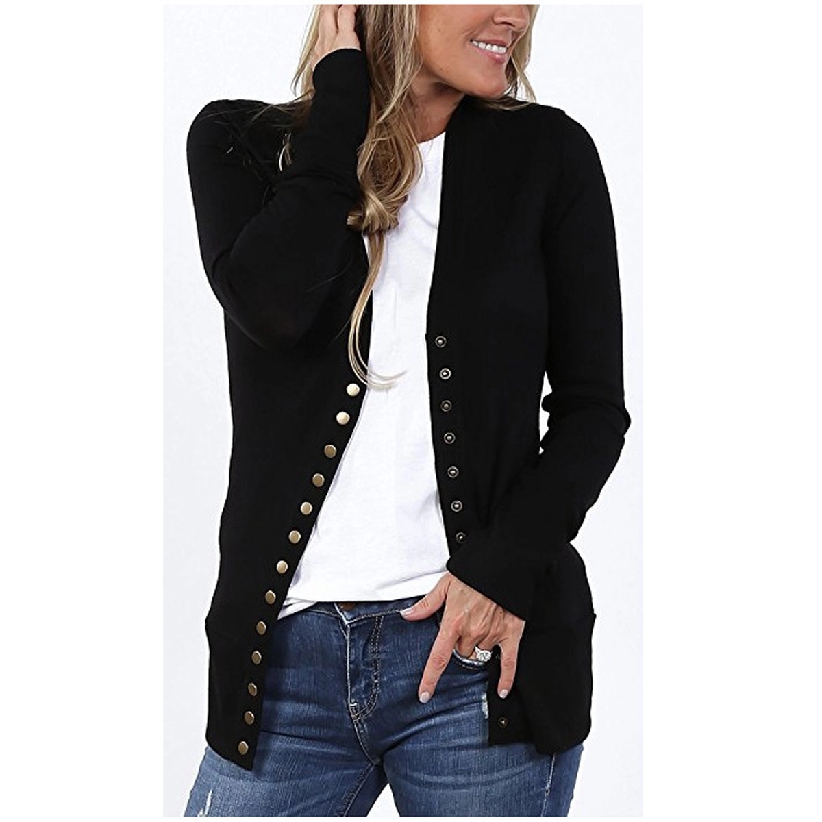 Women's Long Sleeve Snap Button Down Knit Neckline Cardigans 4