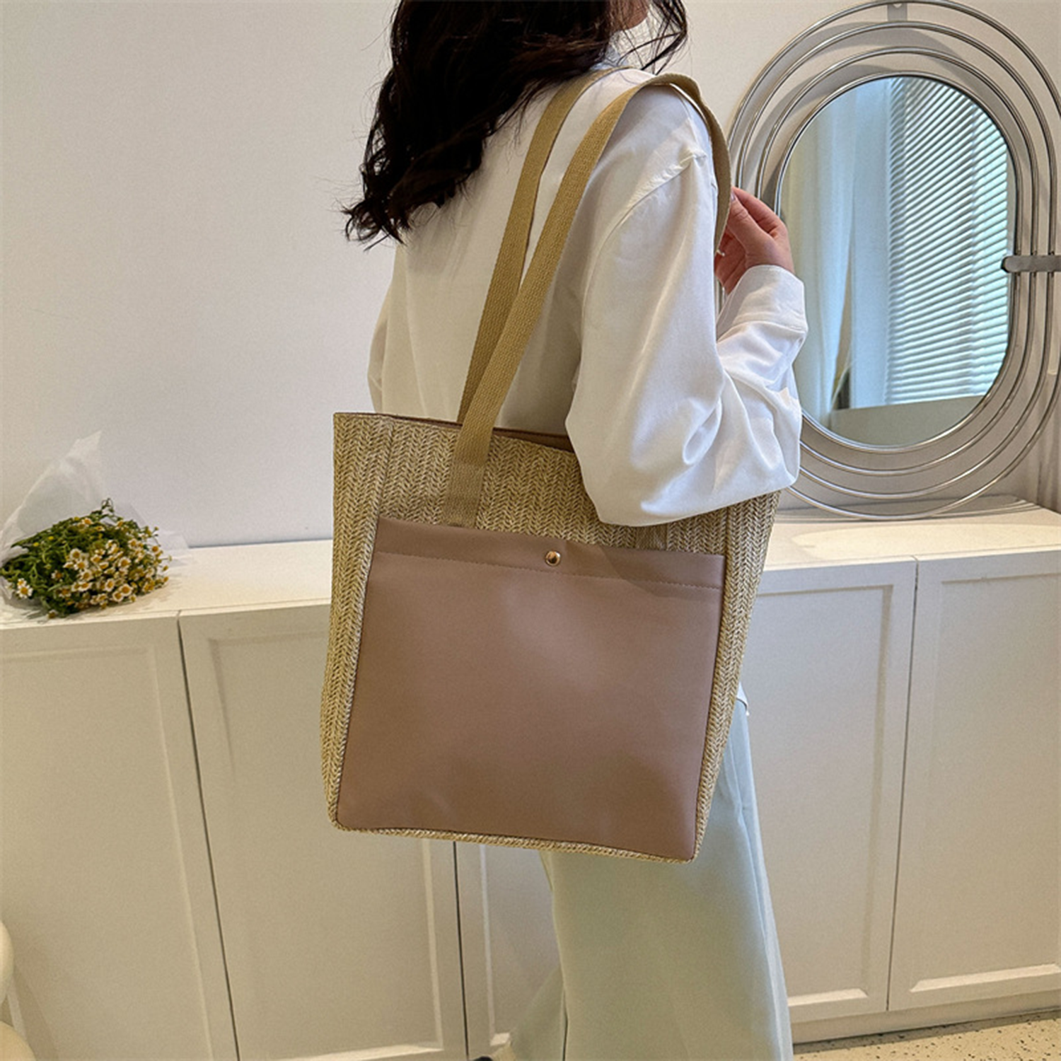 Straw Tote Beach Bag for Women, custom tote bag with logo imprint 4