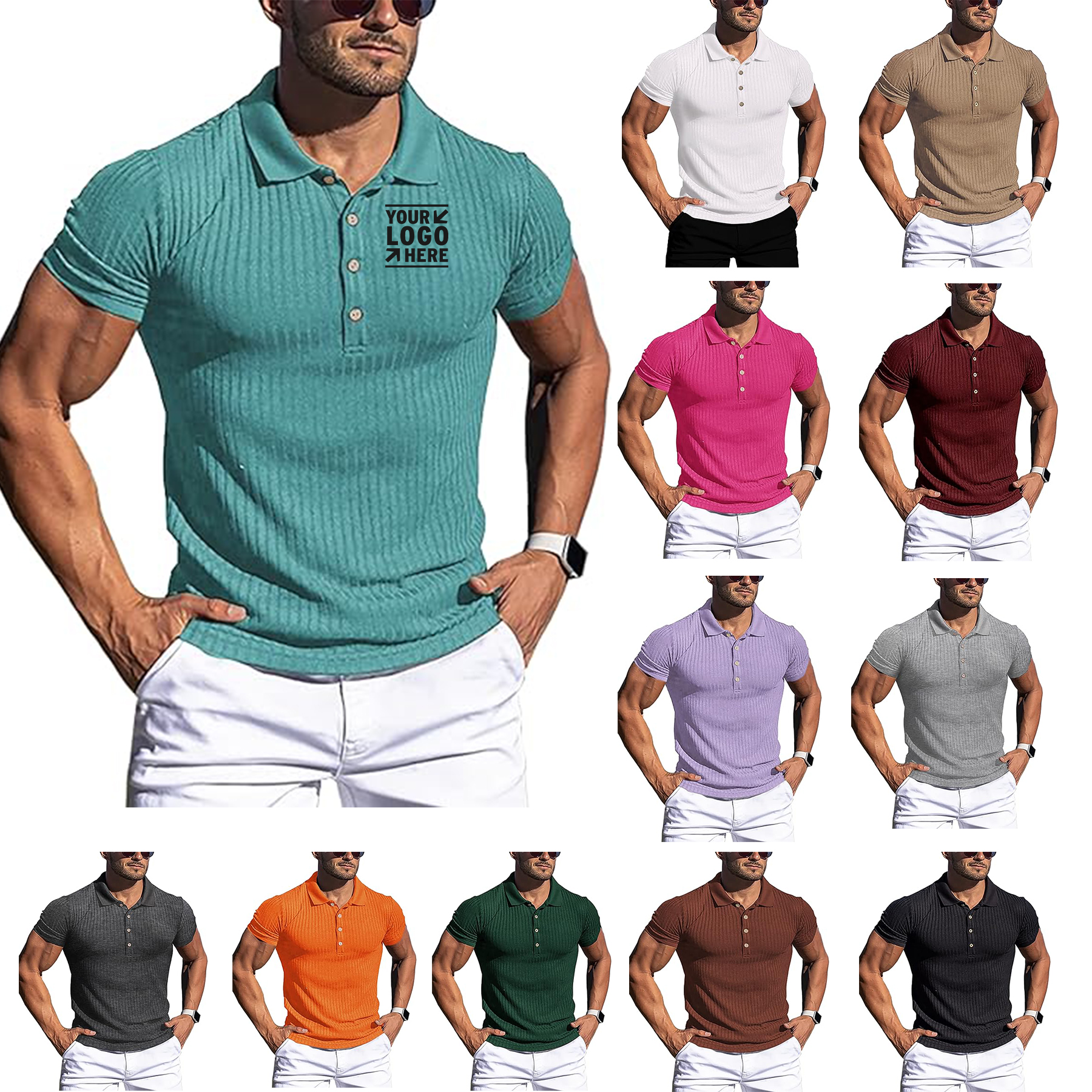 Men's Short Sleeve Muscle Workout Stretch Long Polo T Shirt 2