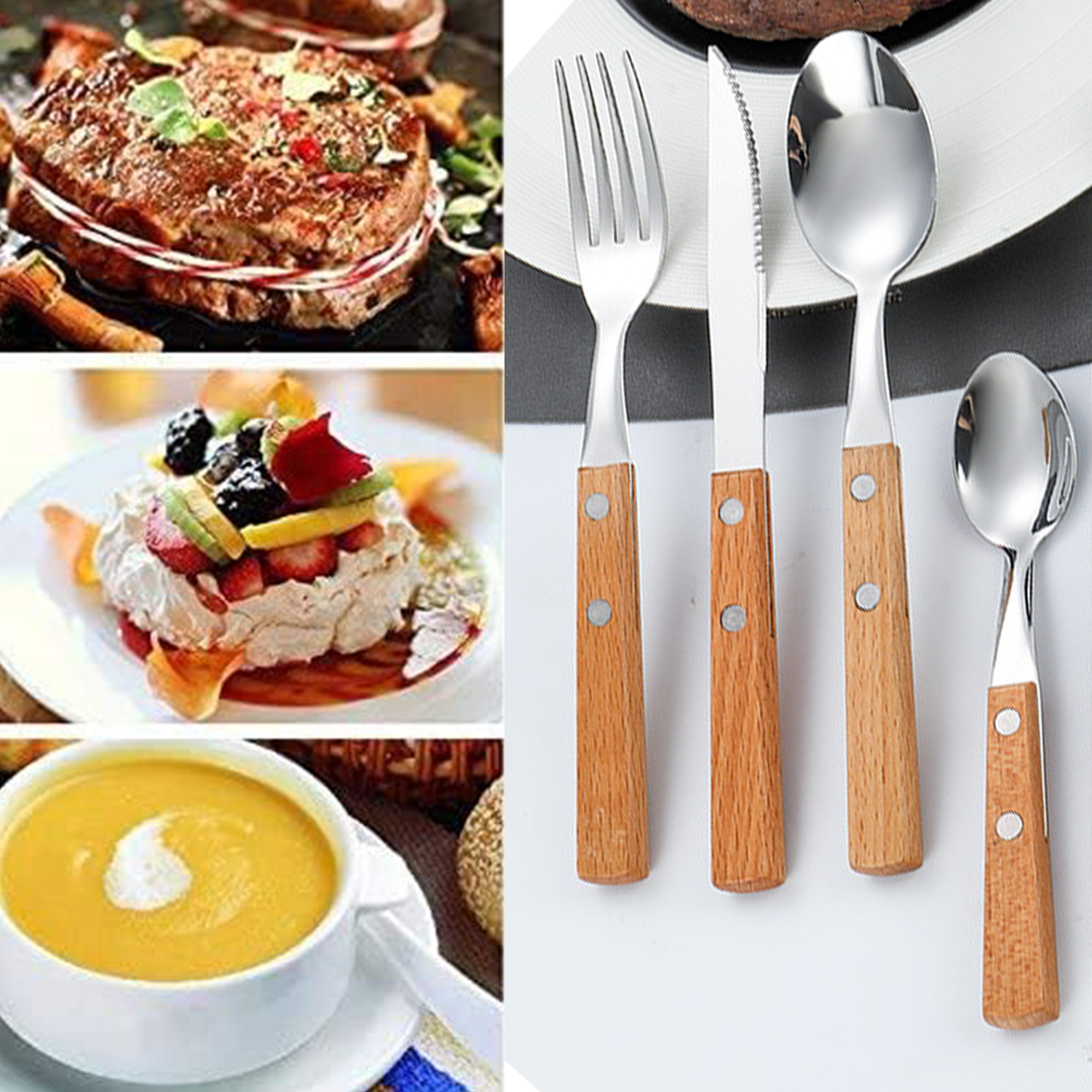 4pcs Stainless Steel Cutlery w/ Wooden Handle Flatware Set 4