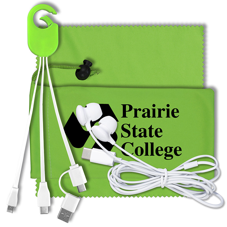 Mobile Tech Charging Kit with Earbuds in Microfiber Cinch Pouch Components inserted into Microfiber 3