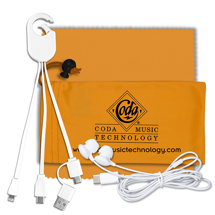 Mobile Tech Charging Kit with Earbuds in Microfiber Cinch Pouch Components inserted into Microfiber 10