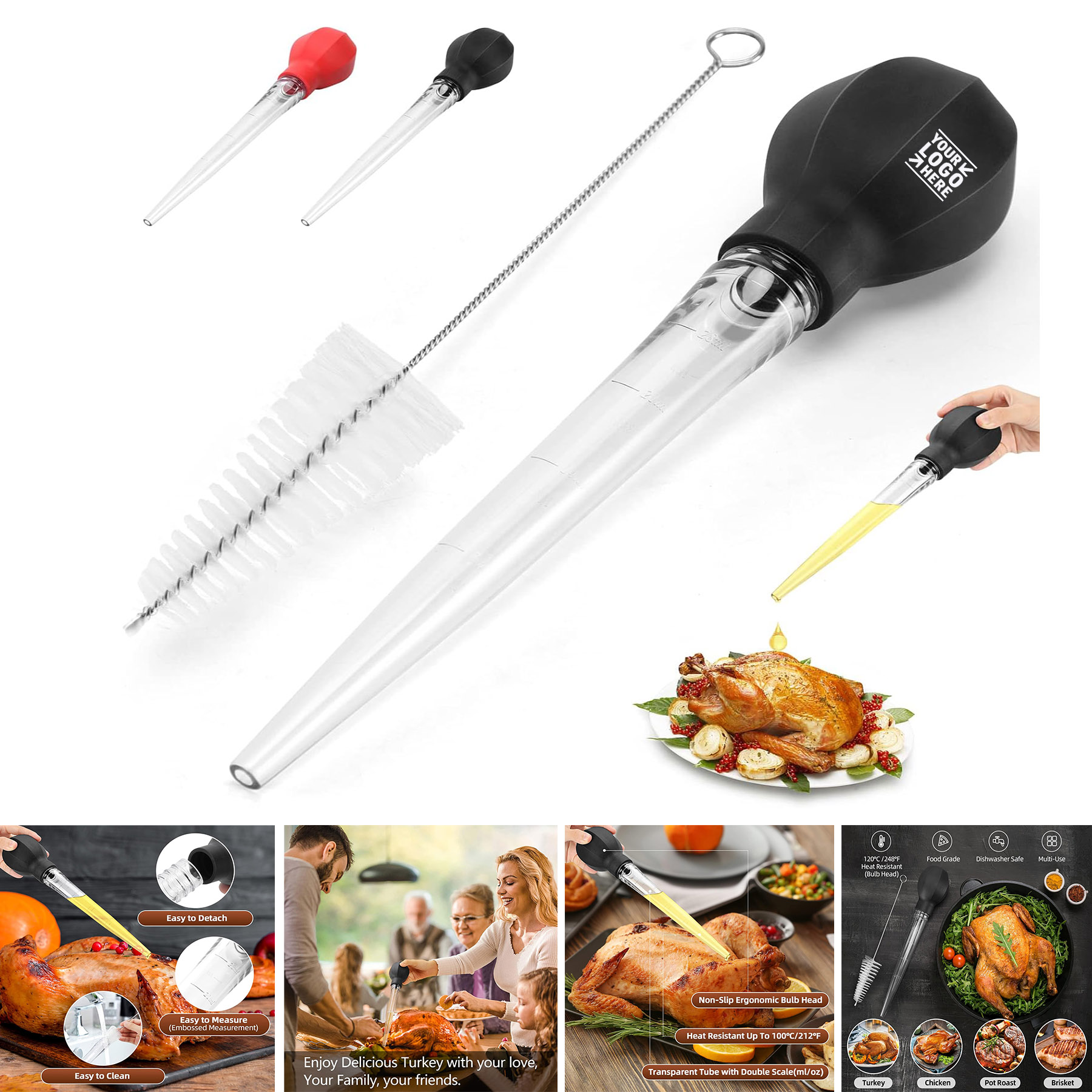 Large Powerful Turkey Chicken Beef Bulb Baster Syringe with Cleaning Brush Cooking Premium Tool 2