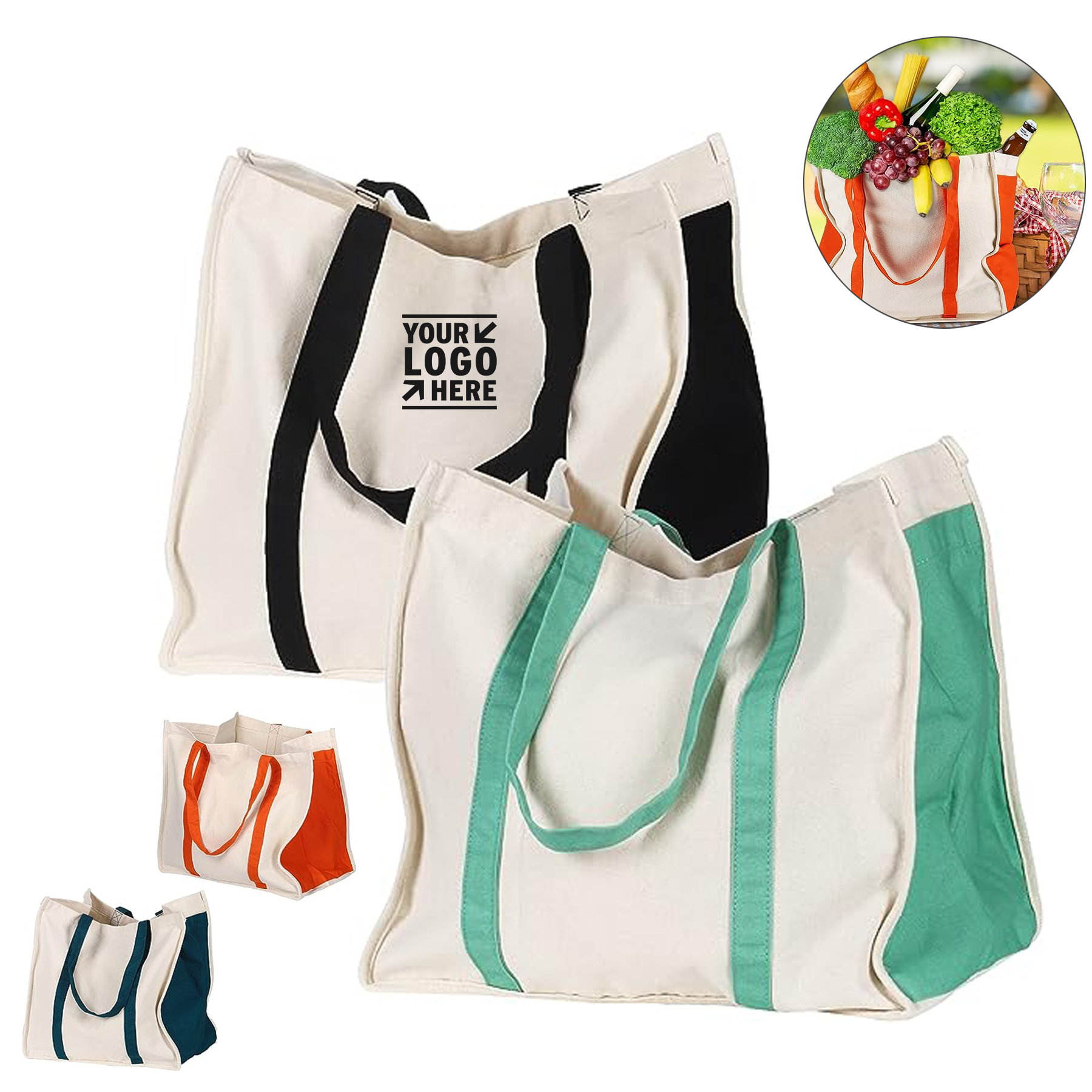 Large Utility Side Pocket Heavy Duty Reusable Cotton Canvas Grocery Tote Bag, custom tote bag with logo imprint 2