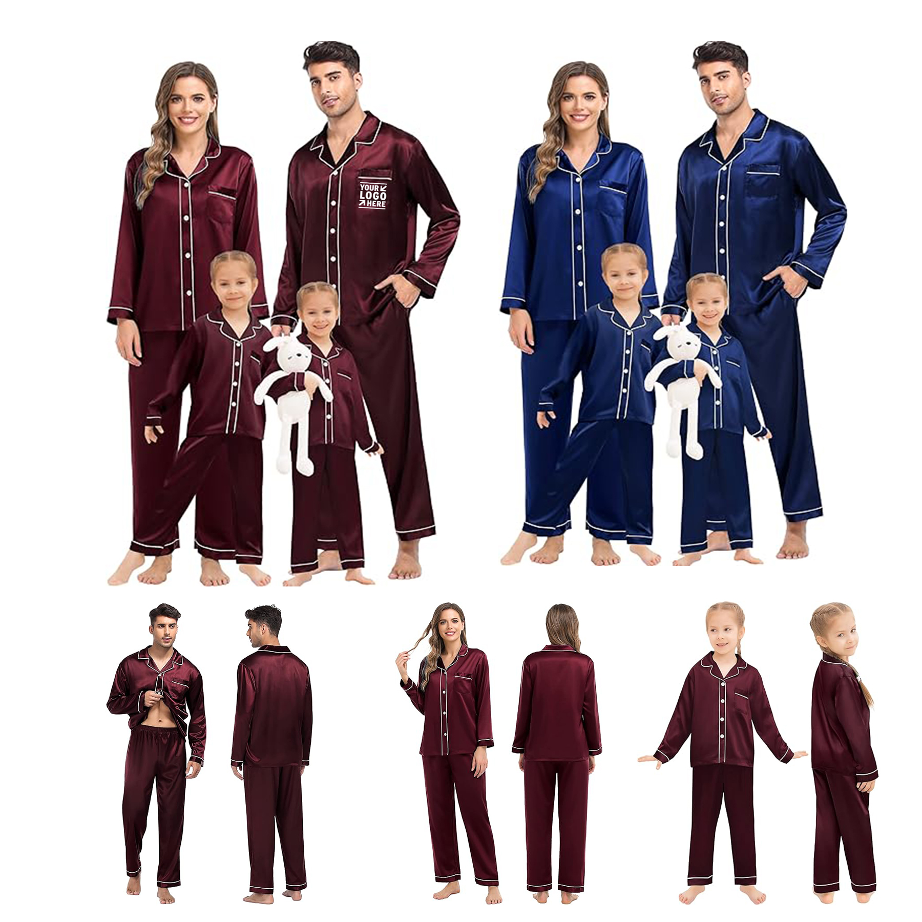 2 Pcs Set Family Matching Silk Satin Pajamas Button Down Sleepwear Long Sleeve Silky Nightwear 2