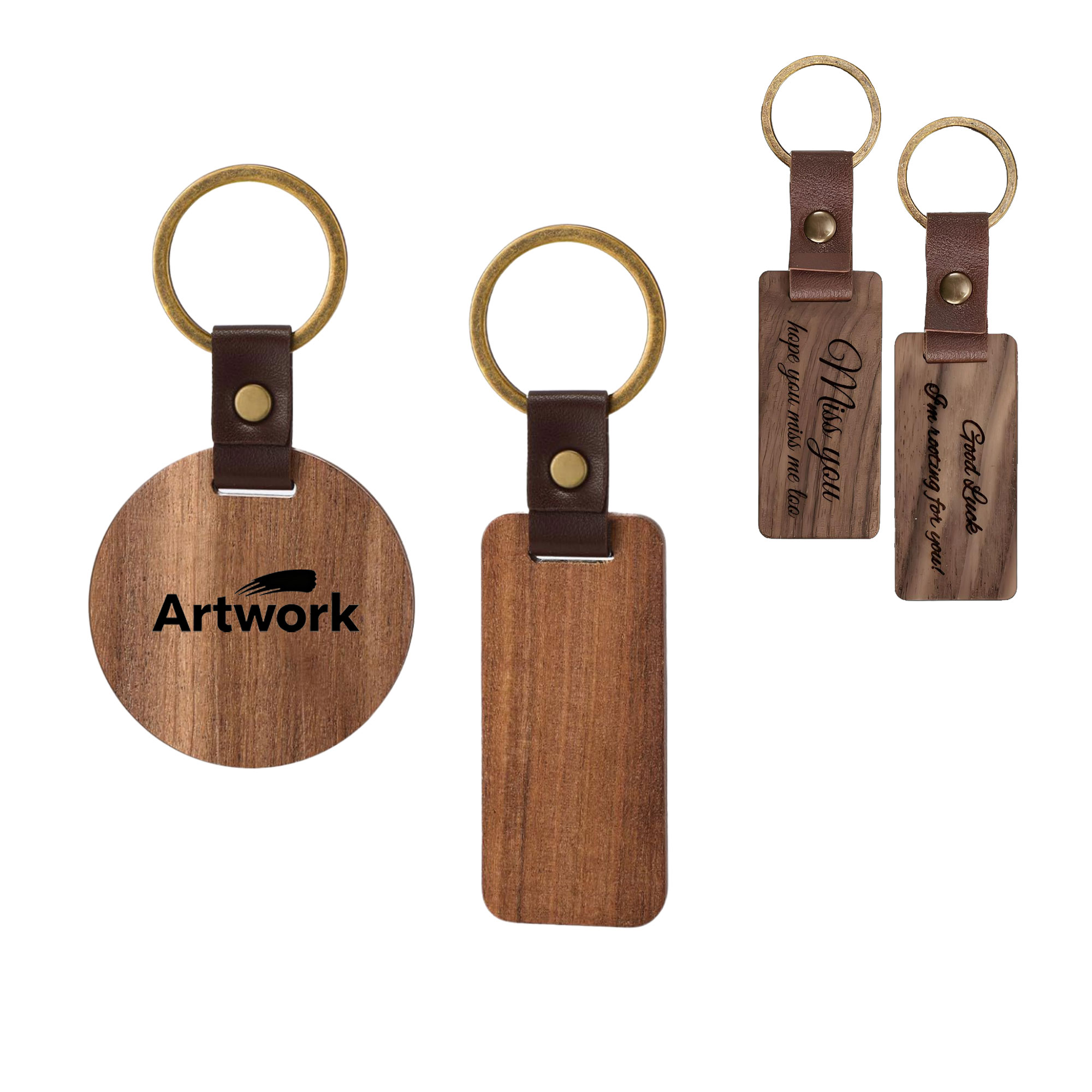 Leather - Strapped Wooden Keychain 2