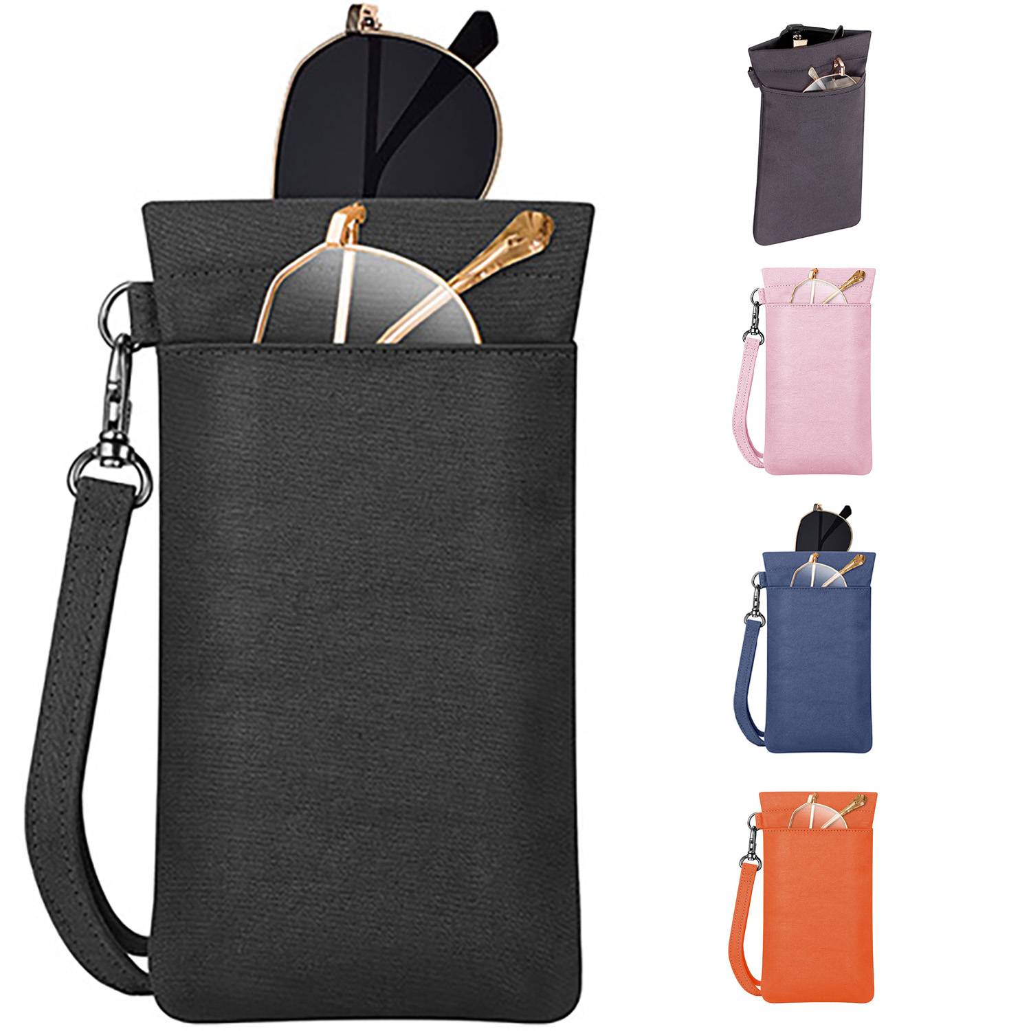 PU Leather Two Pocket Eyeglass Pouch w/ Carrying Strap 7