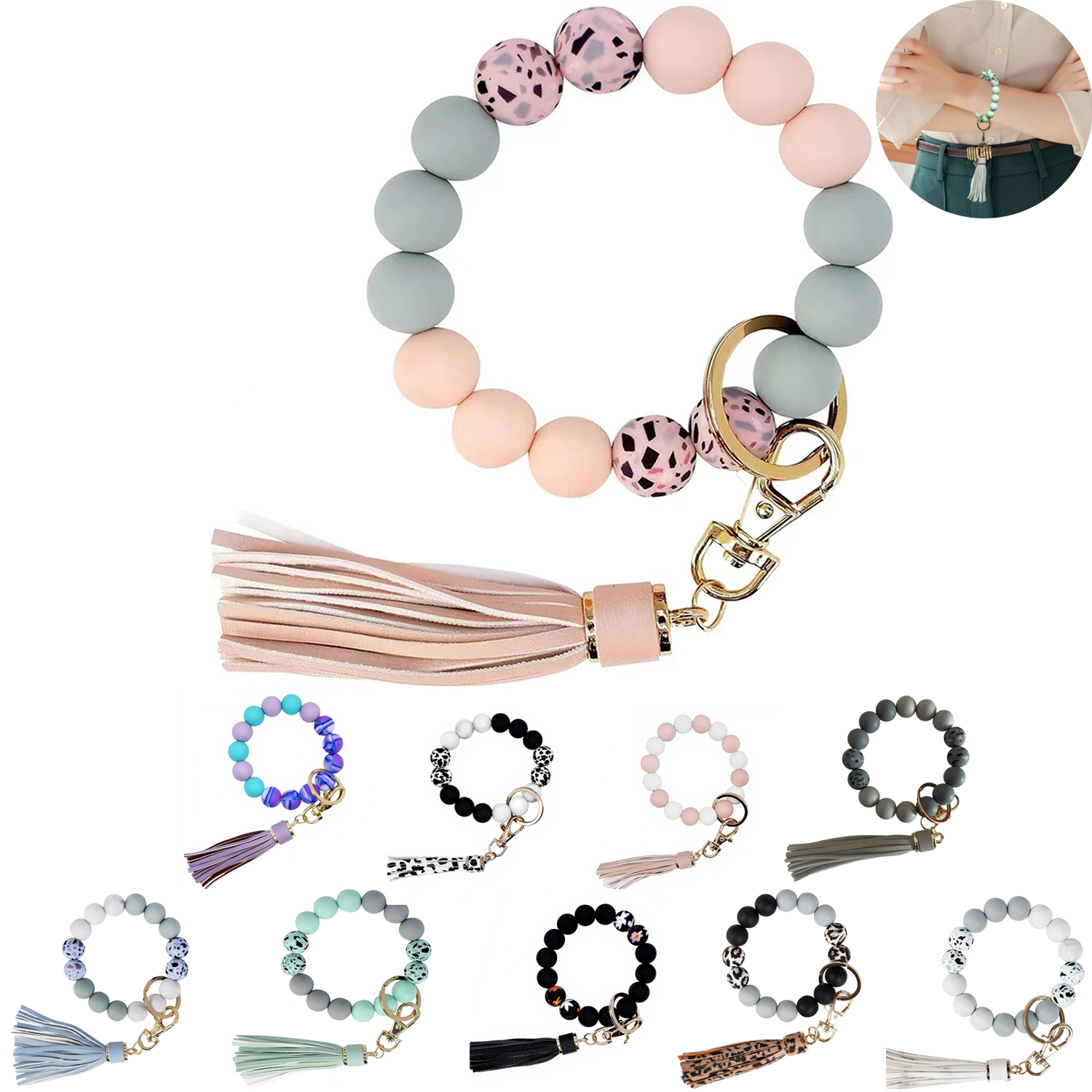Silicone Beaded Tassel Bracelet Keychain 15