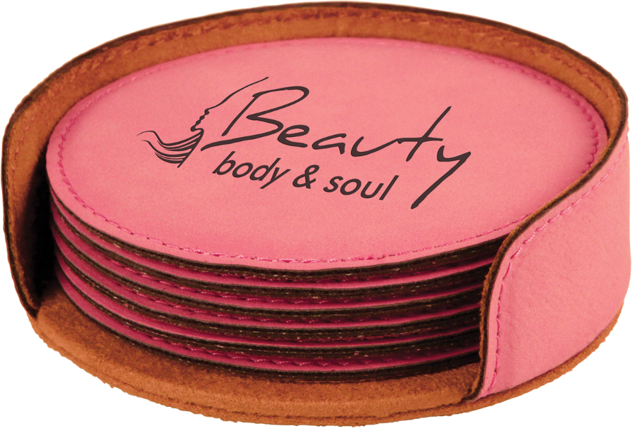 4" Pink Round Leatherette 6-Coaster Set 2